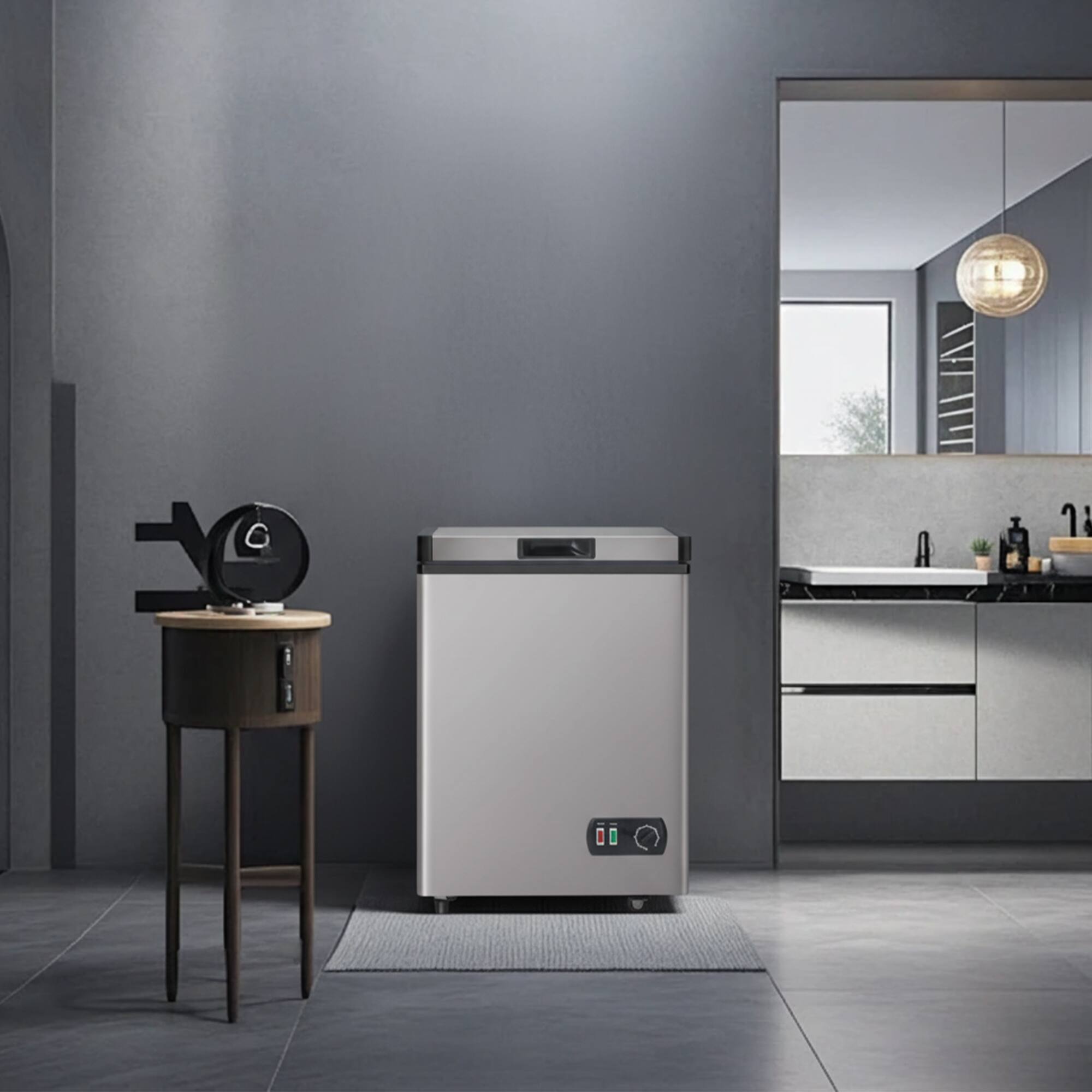 Left. Vaczon - 4.2 Cu. Ft. Chest Freezer for Home Apartment Adjustable Thermostat, -24°C to -12°C Fast Freezing Low Energy Consumption - Gray.