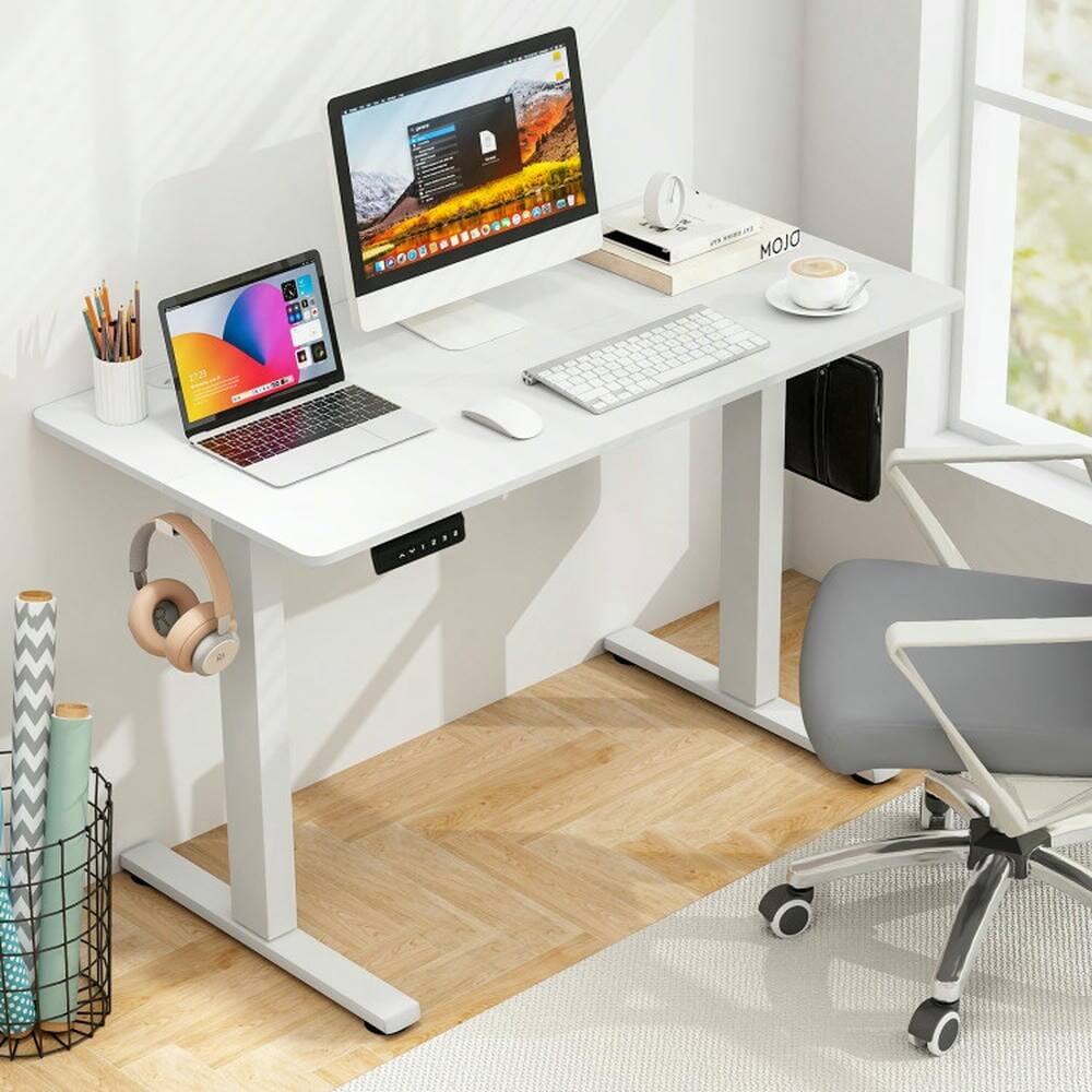 Left. Pefilos - Electric Standing Desk with 3 Memory Height Settings & 2 Hanging Hooks & Cable Management-White, Office Desk, Desks - White.