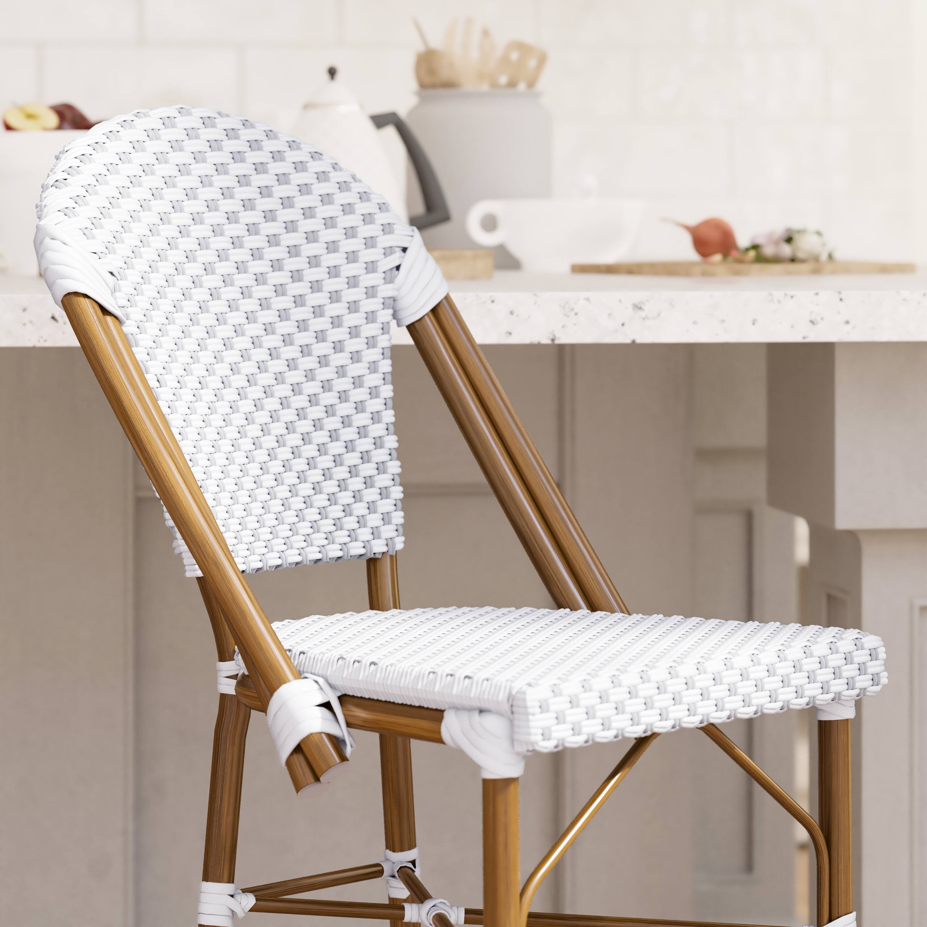 Alt View 4. Emma + Oliver - Colmar Set of Two Indoor/Outdoor 30" High Stacking Bistro Counter Stools with Patterned Seat and Back and Metal Frames - White & Gray/Natural Frame.