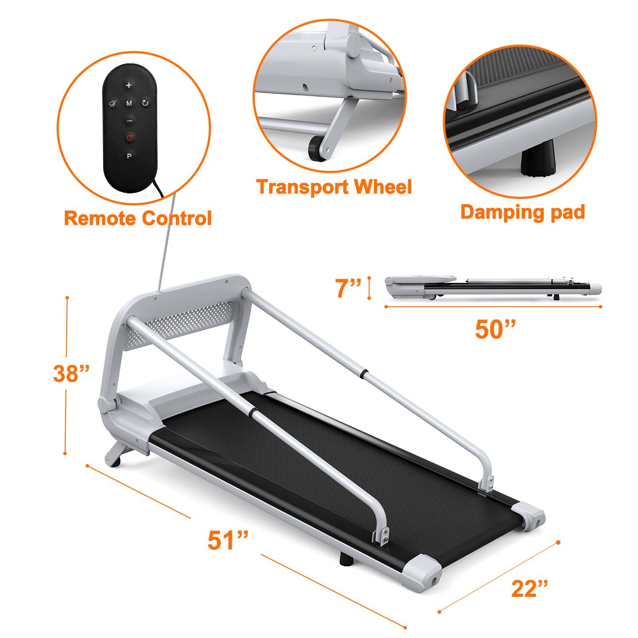 - Remote Control
- Transport Wheel
- Damping pad

Dimensions:
- 51" (length)
- 38" (height)
- 22" (width)
- 50" (belt length)
- 7" (belt width)