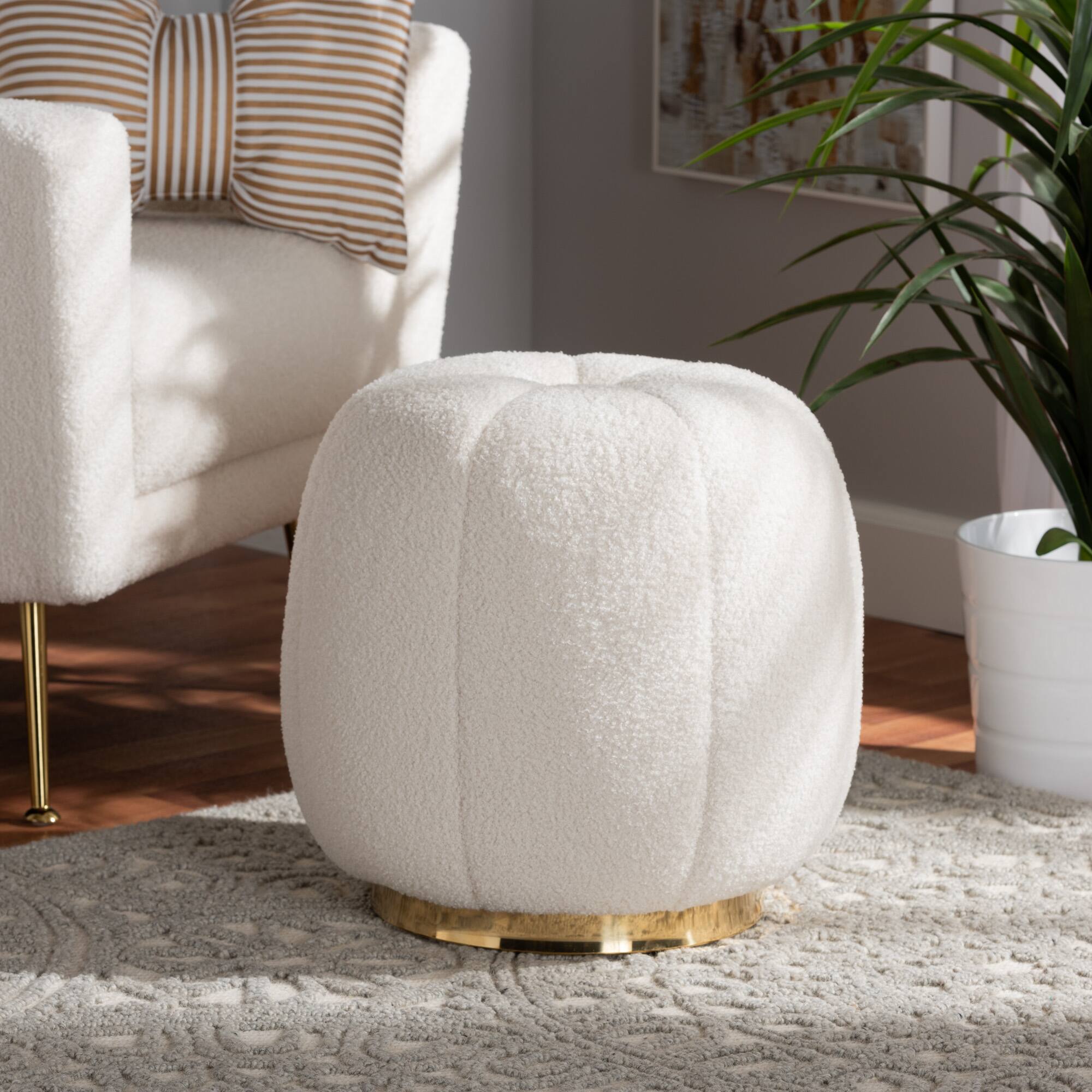 Alt View 1. Baxton Studio - Raelynn Modern and Contemporary Boucle Upholstered and Gold Metal Ottoman - Ivory.