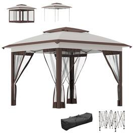 Outsunny - x 12' Pop Up Canopy Tent with Netting and Carry Bag, Instant Sun Shelter with 137 sq.ft Shade - Beige and Brown