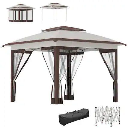Front. Outsunny - x 12' Pop Up Canopy Tent with Netting and Carry Bag, Instant Sun Shelter with 137 sq.ft Shade - Beige and Brown.