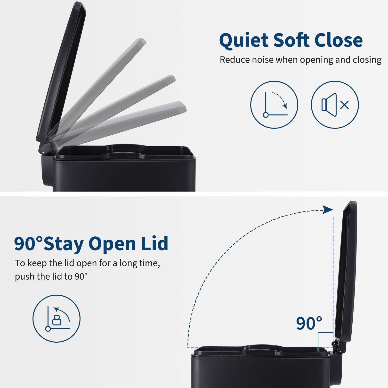 Quiet Soft Close  
Reduce noise when opening and closing  

90° Stay Open Lid  
To keep the lid open for a long time, push the lid to 90°