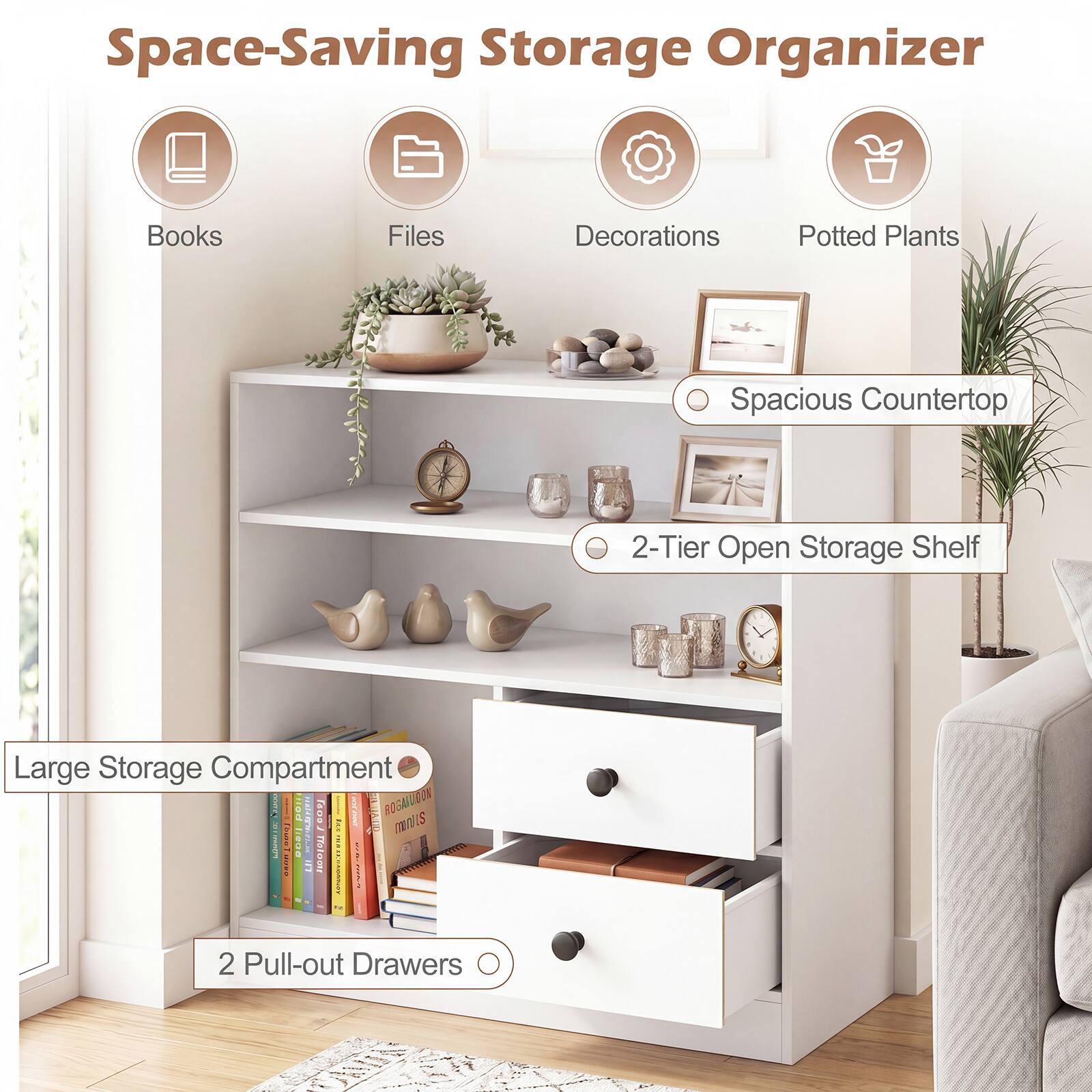 Space-Saving Storage Organizer  
Books Files Decorations Potted Plants  
Spacious Countertop  
2-Tier Open Storage Shelf  
Large Storage Compartment  
2 Pull-out Drawers