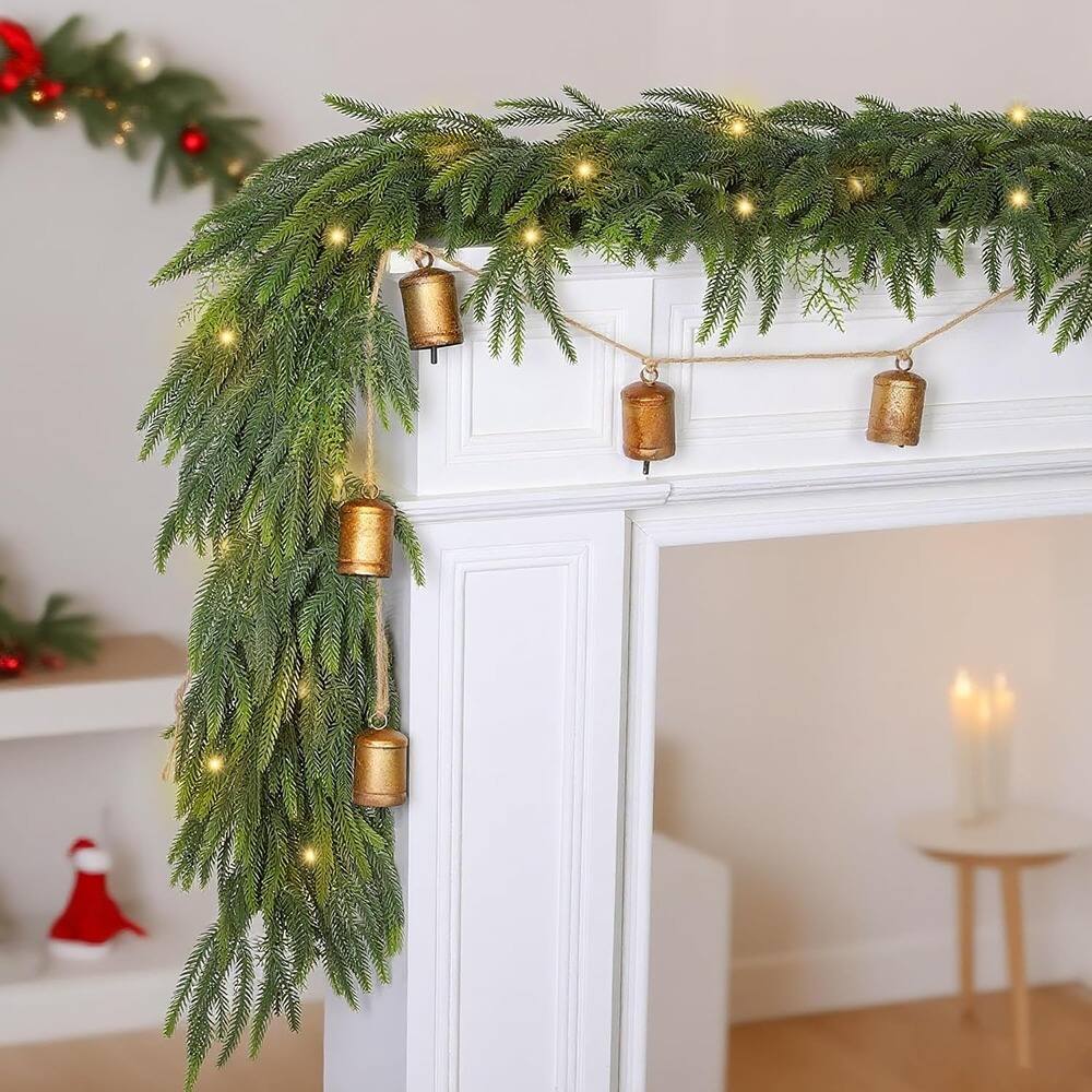 Alt View 1. PARKER SLATER - 6FT Christmas Garland with Lights & Bells, Real Touch Norfolk Pine - Green.