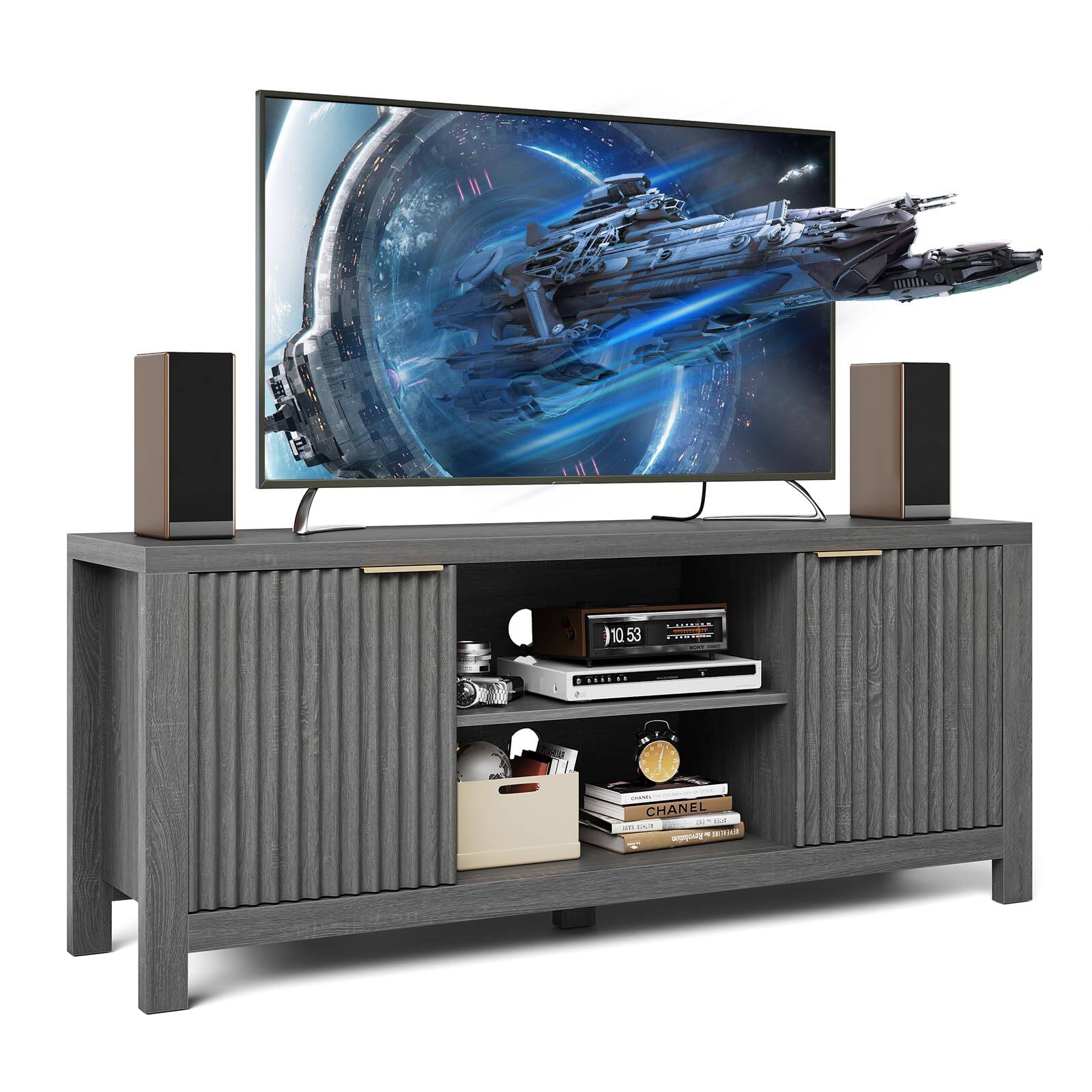 Jojoka - 59" TV Stand for TVs Up to 65 Inches, Mid Century Modern TV Entertainment Center with Storage Cabinets - Gray