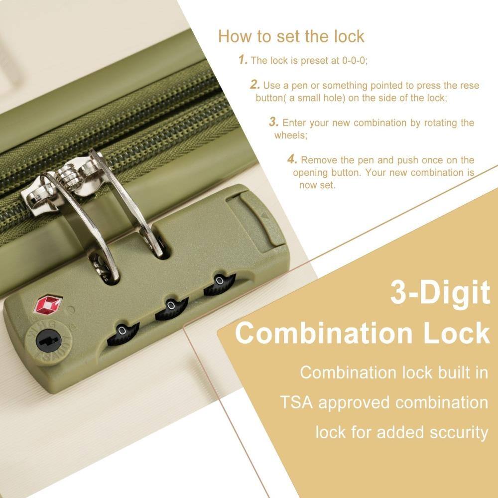 How to set the lock

1. The lock is preset at 0-0-0;
2. Use a pen or something pointed to press the reset button (a small hole) on the side of the lock;
3. Enter your new combination by rotating the wheels;
4. Remove the pen and push once on the opening button. Your new combination is now set.

3-Digit Combination Lock

Combination lock built in TSA approved combination lock for added security