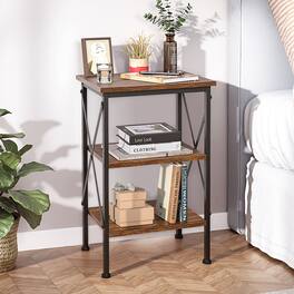 Vecelo - Nightstand with 3-Tier Open Shelves - X-Shape Metal Frame Bedside Table, Small End Table - Brown