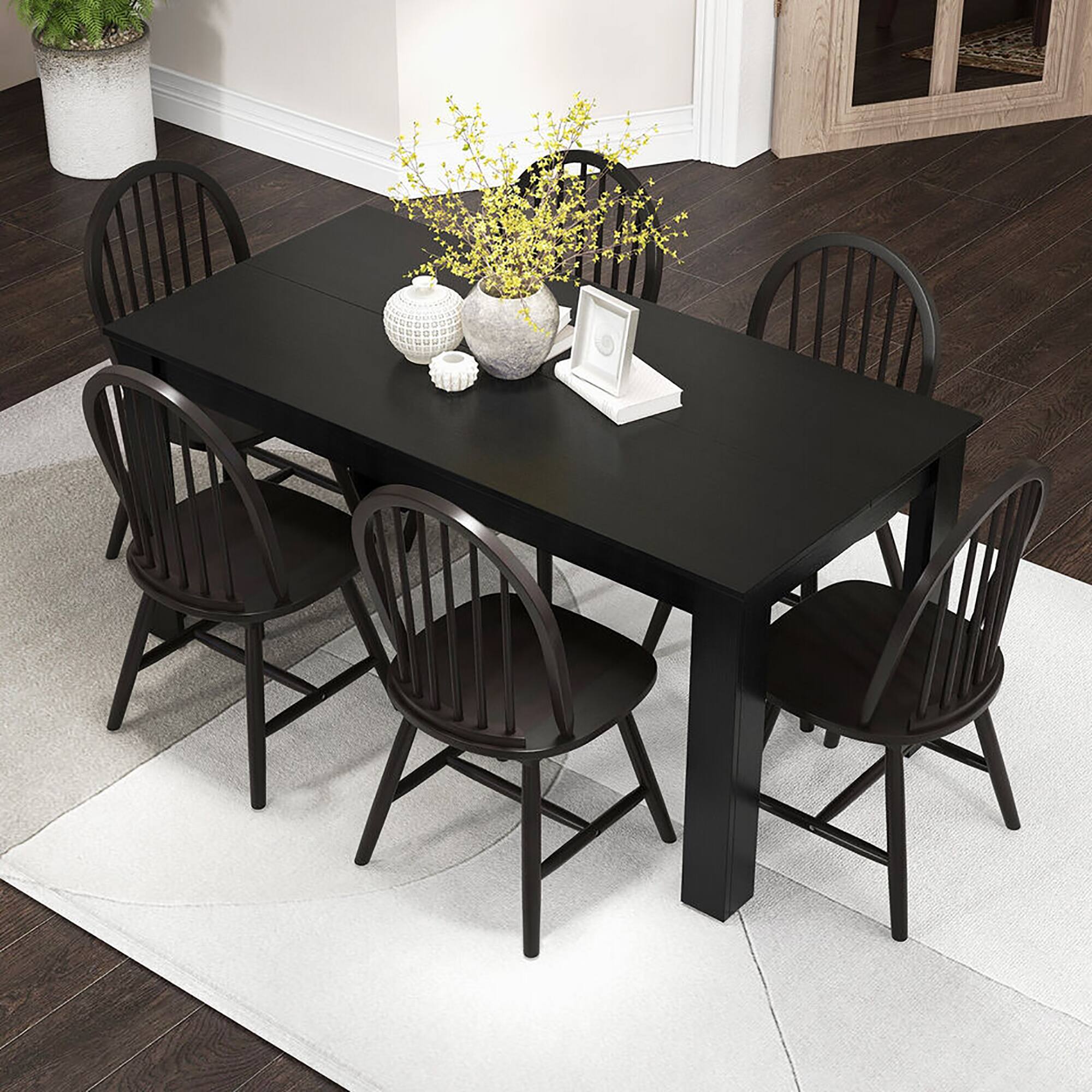 Alt View 3. Gymax - Gymax 7 PCS Dining Set Rectangular Wooden Dining Table 6 Windsor Chairs Kitchen Black - Black.