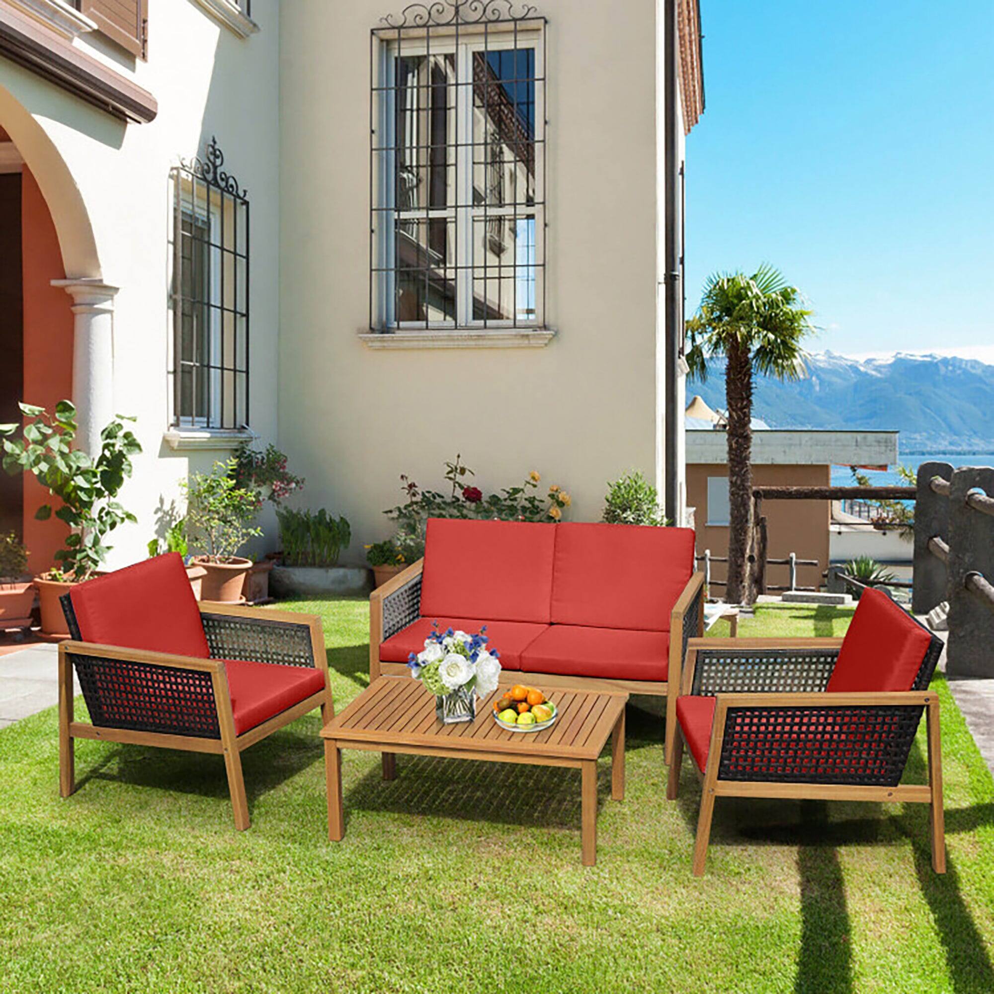 Alt View 5. Boyel Living - 4 Pieces Patio Rattan Furniture Set with Removable Cushions - Red.