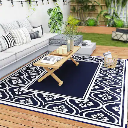 Front. Outsunny - Outdoor Rug for Patio, 8' x 10' Waterproof Large Mat, Reversible Plastic Straw Rug for Décor - Blue and White Gourd Border.