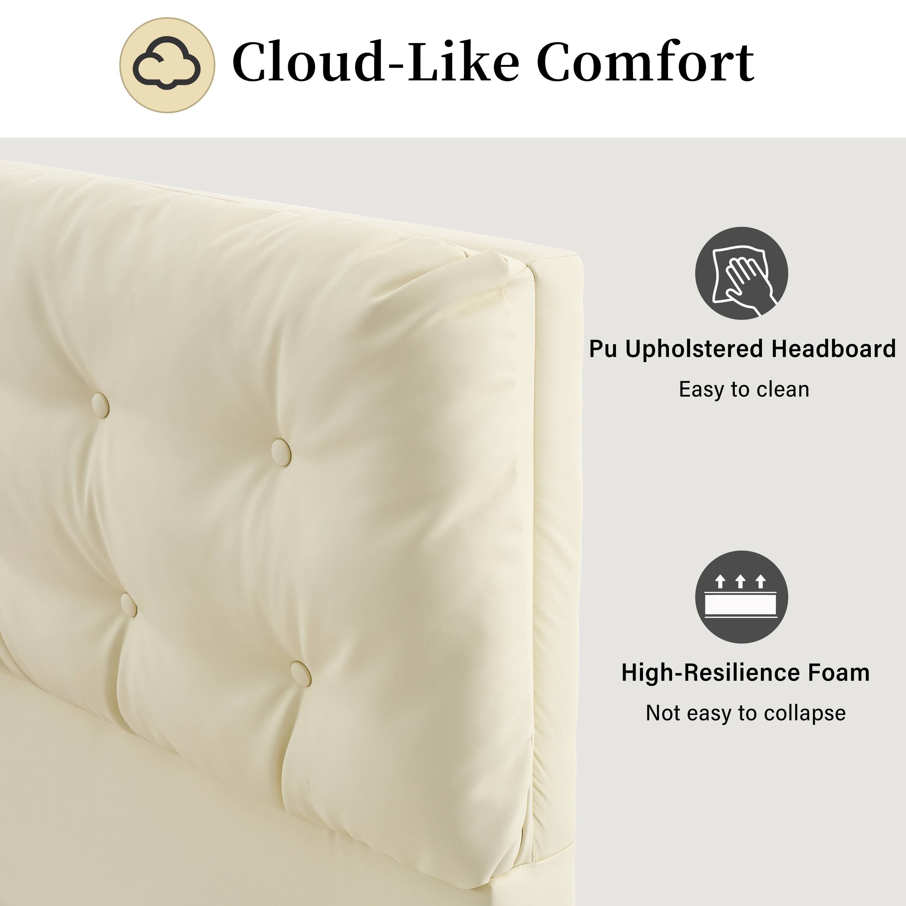 Cloud-Like Comfort  
Pu Upholstered Headboard  
Easy to clean  
High-Resilience Foam  
Not easy to collapse