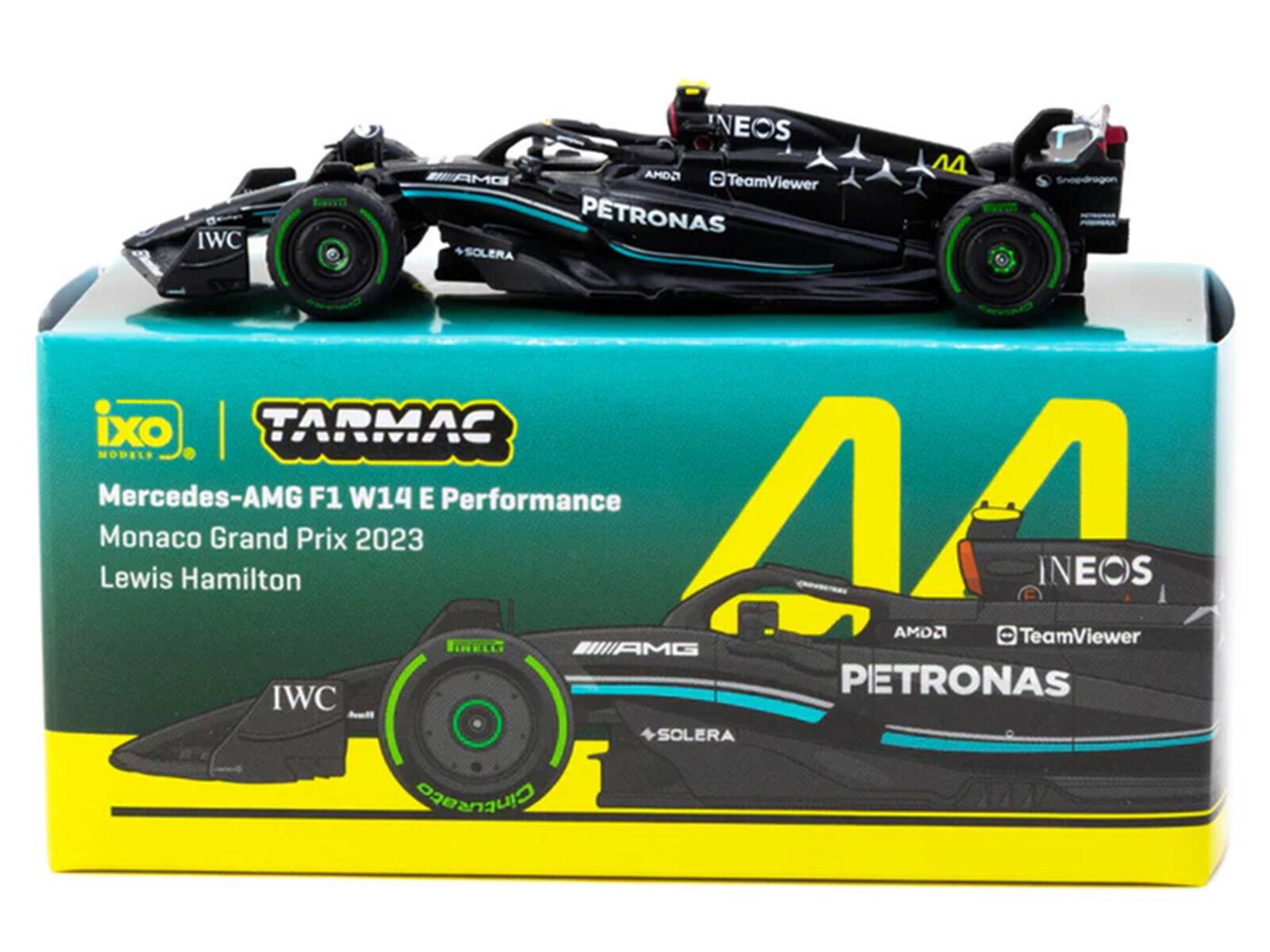 IWC NEOS MAMO IOMA TeamViewer PETRONAS SOLERA ixo | TARMAC MODELE Mercedes-AMG F1 W14 E Performance AA Monaco Grand Prix 2023 Lewis Hamilton INEOS TeamViewer FNEI AMG PETRONAS IWC SOLERA Cinturato