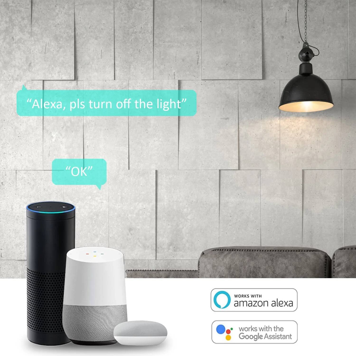 "Alexa, pls turn off the light"  
"OK"  

WORKS WITH amazon alexa  
works with the Google Assistant
