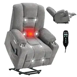 Akoasm - Power Lift Massage Chair with Heat, Overstuffed Wide Recliner Chair, USB and Type C Ports, 2 Cup Holders-Light Grey - Light Gray