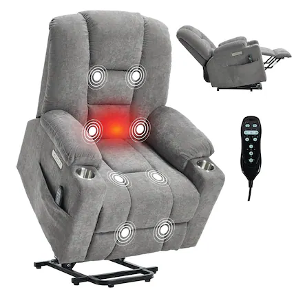Front. Akoasm - Power Lift Massage Chair with Heat, Overstuffed Wide Recliner Chair, USB and Type C Ports, 2 Cup Holders-Light Grey - Light Grey.