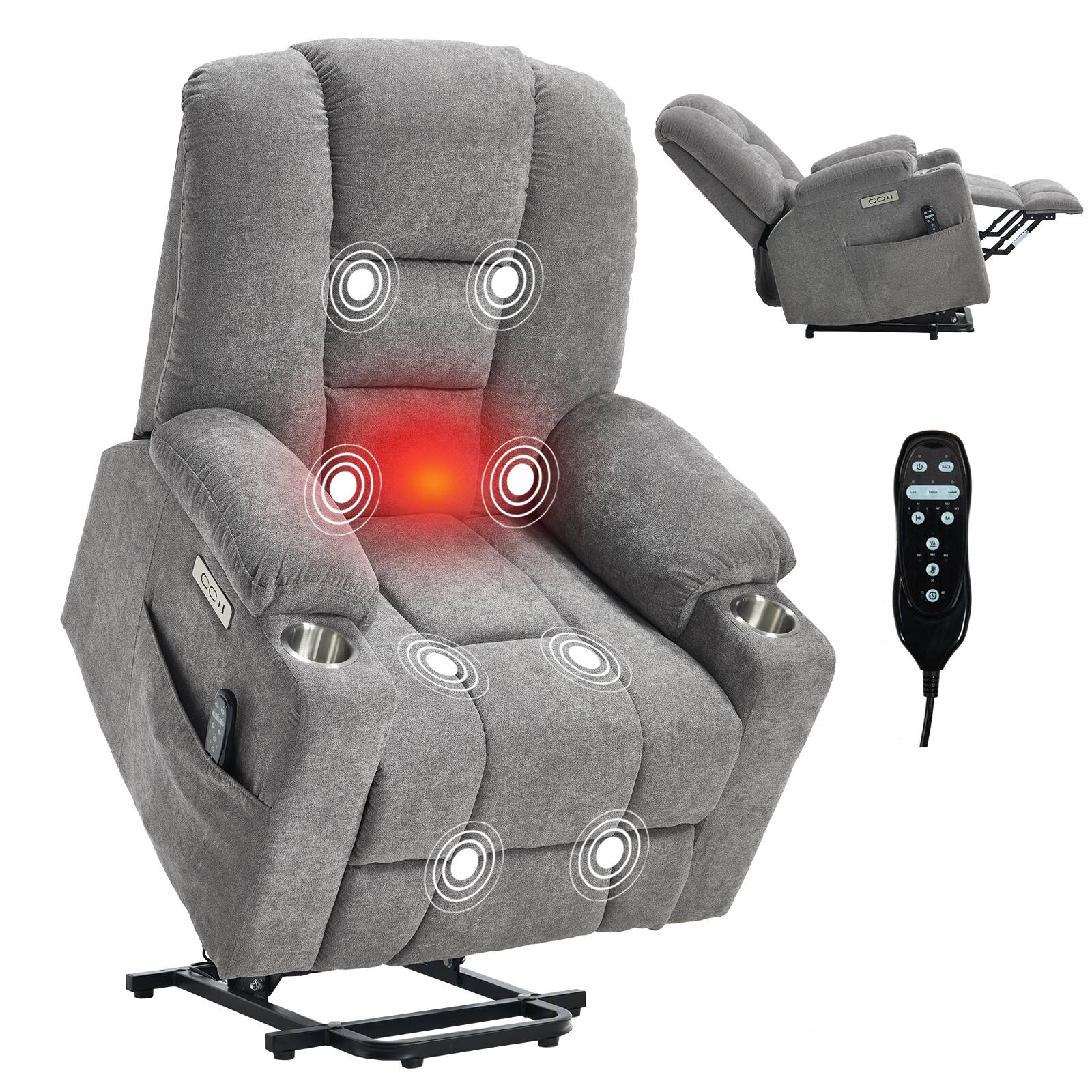 Front. Akoasm - Power Lift Massage Chair with Heat, Overstuffed Wide Recliner Chair, USB and Type C Ports, 2 Cup Holders-Light Grey - Light Grey.