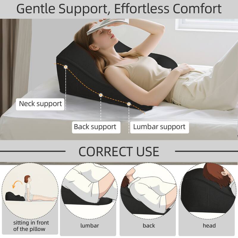 Gentle Support, Effortless Comfort

- Neck support
- Back support
- Lumbar support

CORRECT USE

- sitting in front of the pillow
- lumbar
- back
- head
