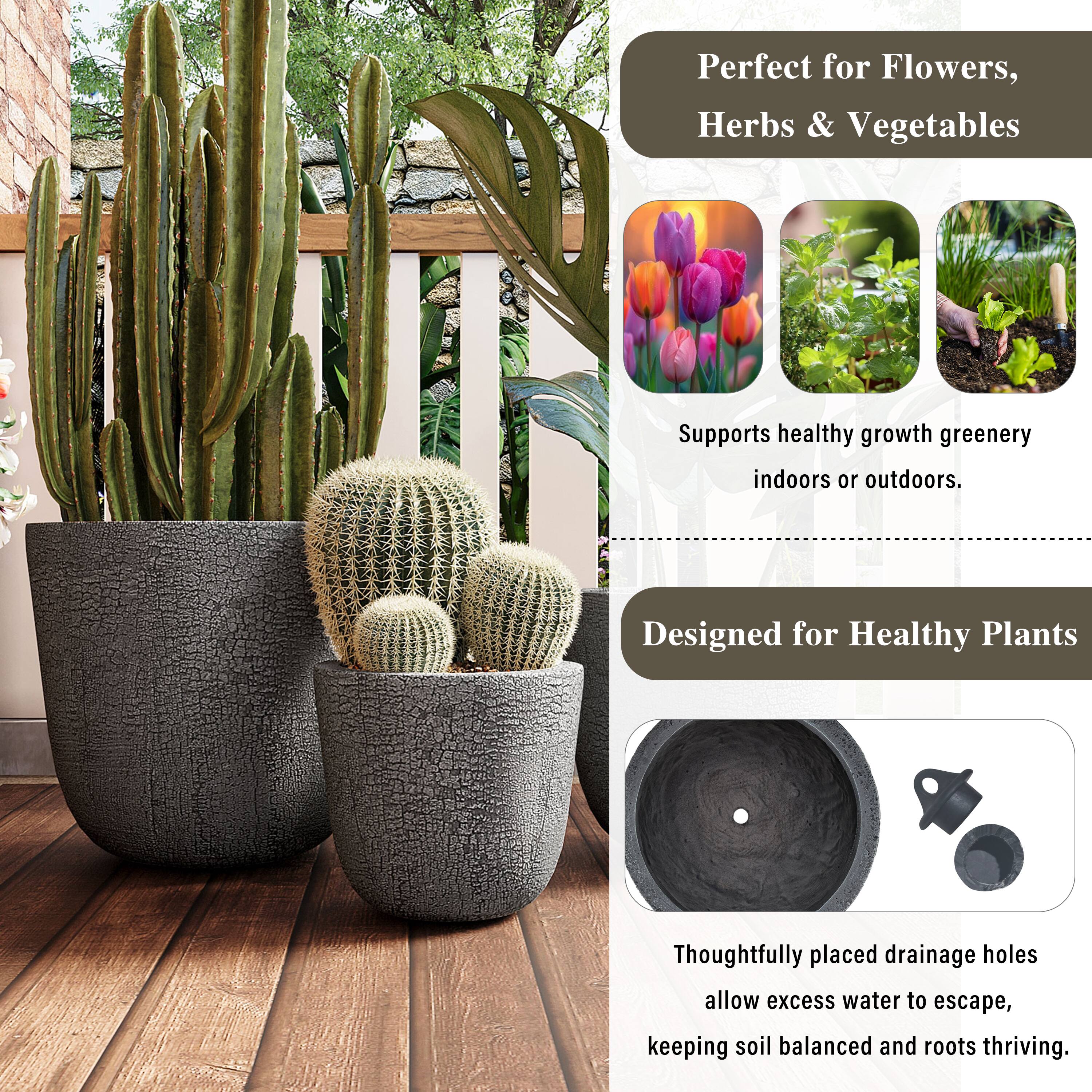 Perfect for Flowers, Herbs & Vegetables  
Supports healthy growth greenery indoors or outdoors.  
Designed for Healthy Plants  
Thoughtfully placed drainage holes allow excess water to escape, keeping soil balanced and roots thriving.
