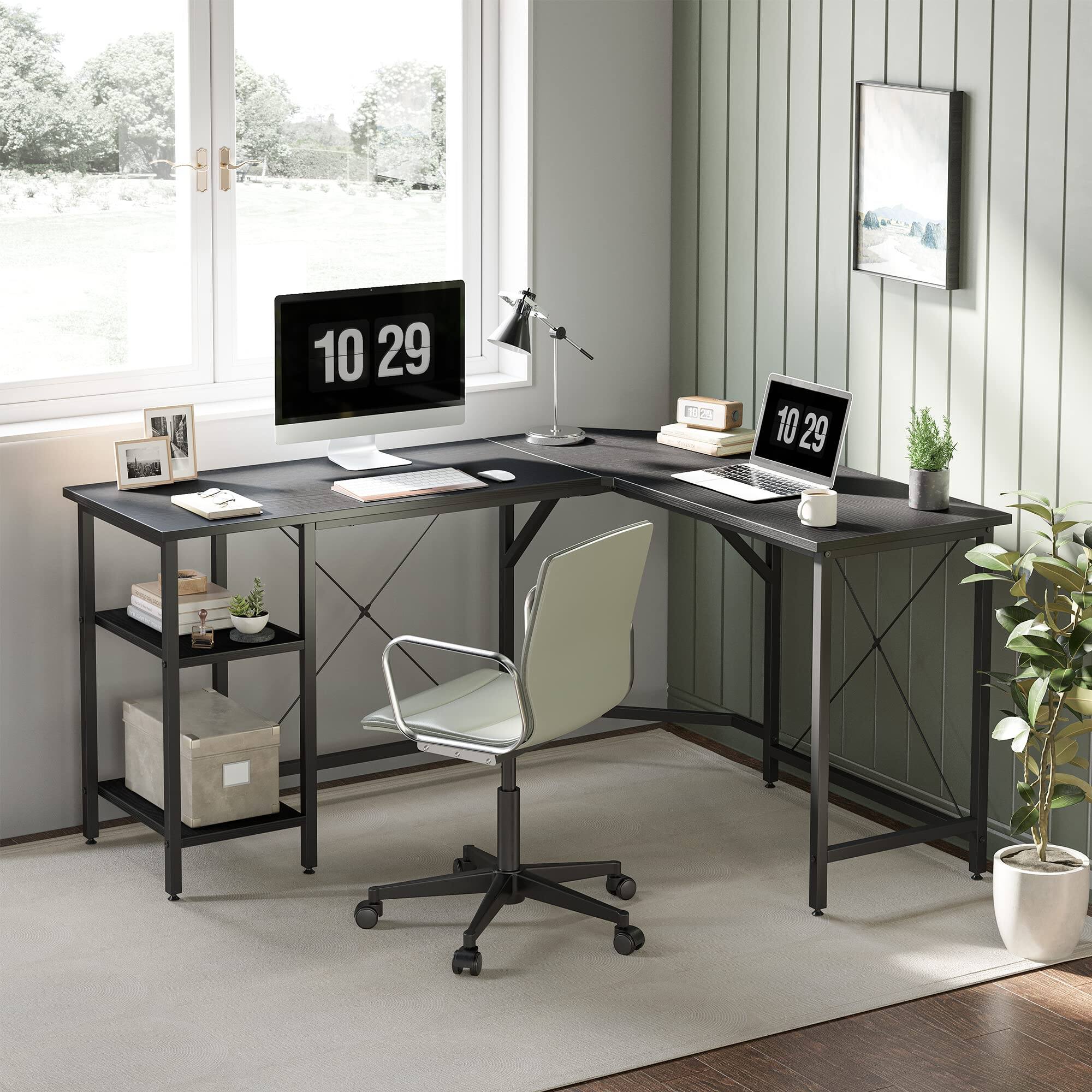 Alt View 1. Hirose Alice - CubiCubi L Shaped Desk, nch Reversible Corner Desk with Storage Shelves, Home Office Desk for Writing Gamin... - Warm Brown 59.1" with Storage Shelves.