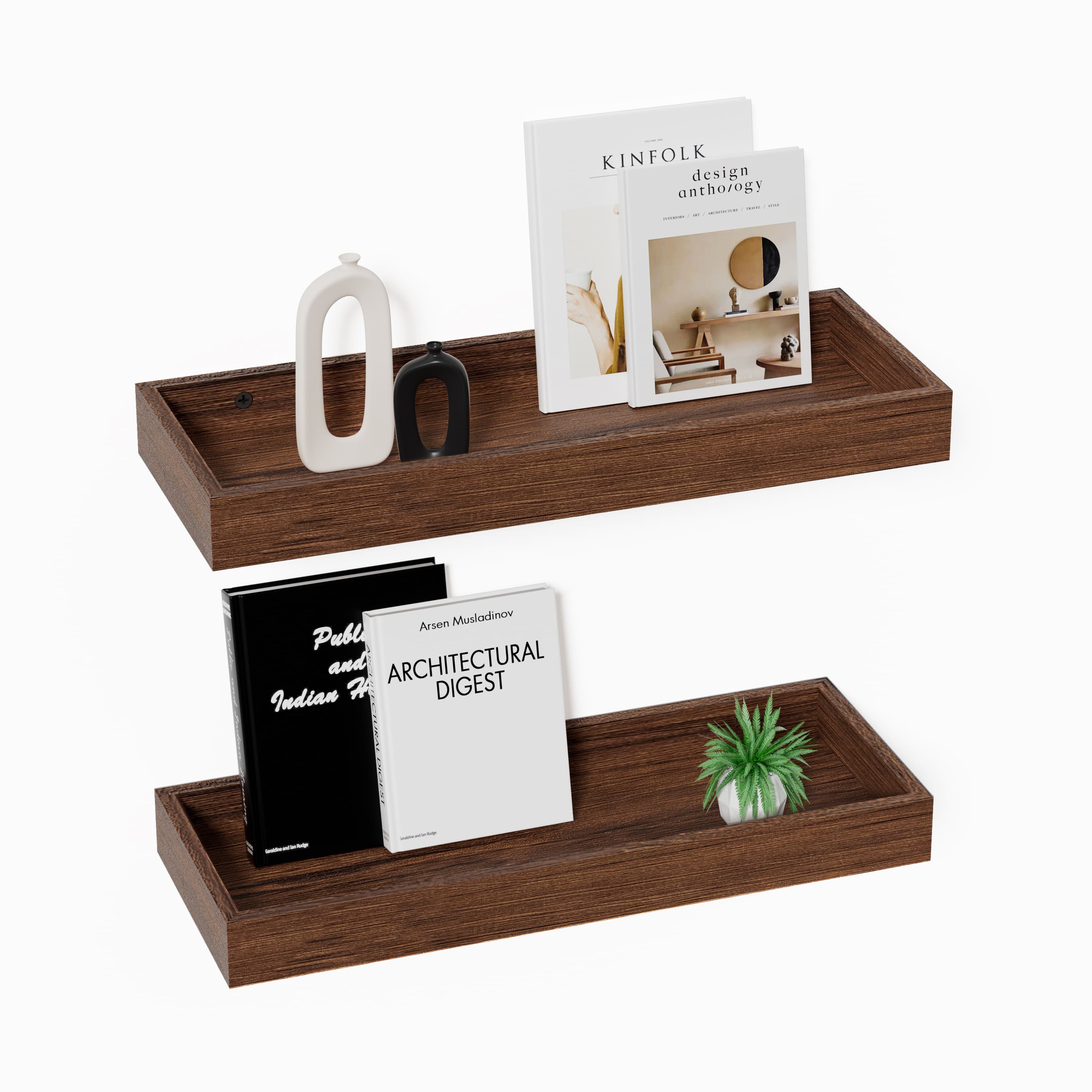 Mifurn - 2 Pack 16 in Floating Shelves for Wall, Rustic Wooden Wall Shelves with Raised Lip for Bathroom, Bedroom, Kitchen - Walnut-like