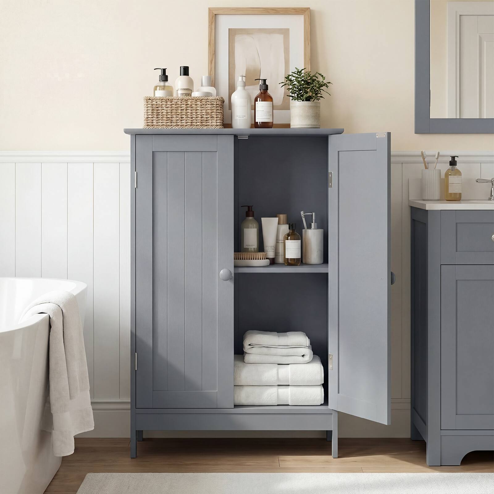 Alt View 3. Costway - Costway Bathroom Floor Cabinet Wooden Floor Storage Cabinet Living Room Modern - Gray.