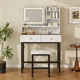 LUCKY ONE - Makeup Vanity w/ 360° Rotatable LED Mirror Amber Glass Top 2 Drawers Stool - Black,White