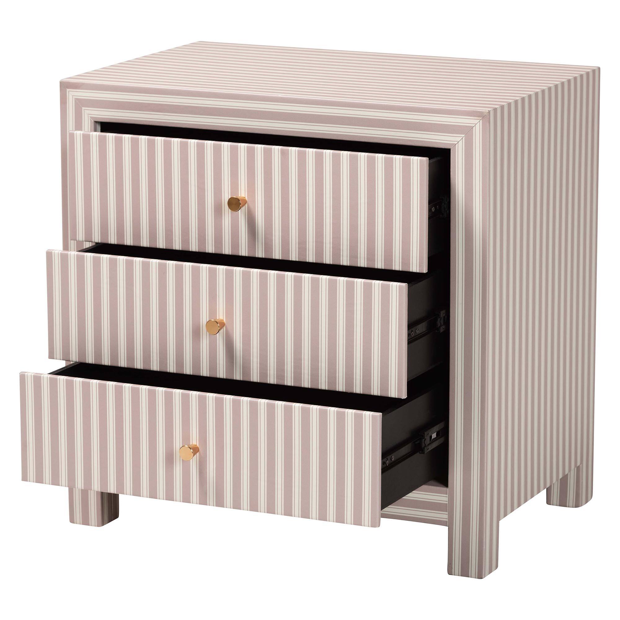 Angle. Baxton Studio - Javianne End Table with Striped Faux Leather - 3-Drawer Storage Cabinet with Gold Knobs - White/Beige/Brass.