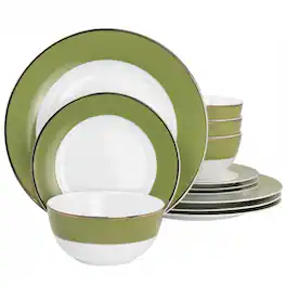 Martha Stewart - Gold Rimmed 12 Piece Fine Ceramic Dinnerware Set - Green