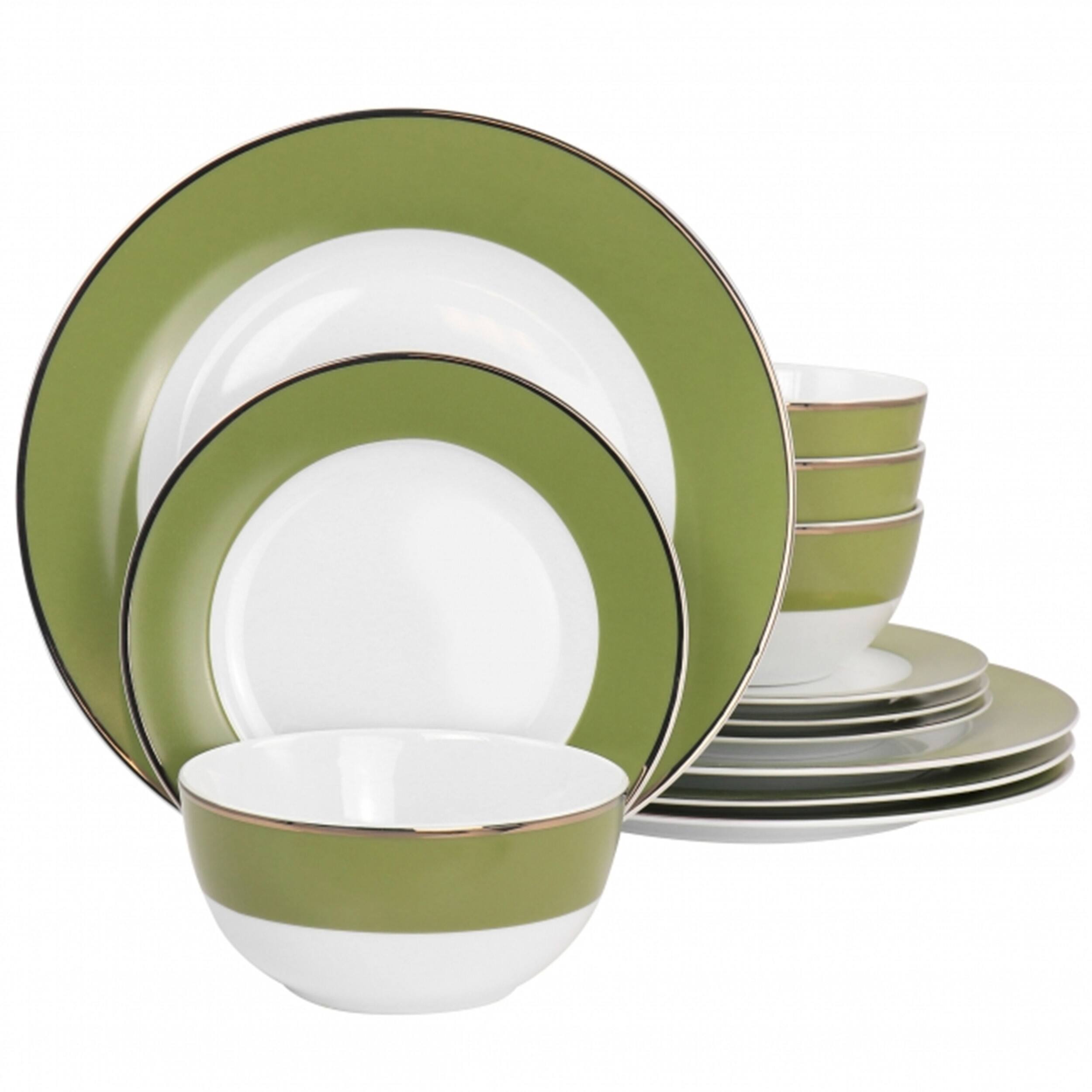 Front. Martha Stewart - Martha Stewart Gold Rimmed 12 Piece Fine Ceramic Dinnerware Set in Green - Green.