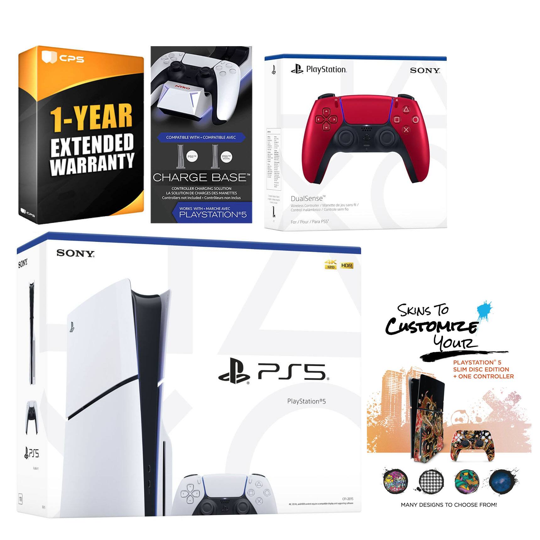 CPS  
1-YEAR EXTENDED WARRANTY  

CHARGE BASE™  
CONTROLLER CHARGING SOLUTION  
WORKS WITH:  
PLAYSTATION®5  

SONY  
PlayStation®5  
DualSense™  
Wireless Controller  
For / Pour / Para PS5™  

SONY  
PlayStation®5  
Slim Disc Edition  

SKINS TO CUSTOMIZE YOUR  
PLAYSTATION®5 SLIM DISC EDITION + ONE CONTROLLER  
MANY DESIGNS TO CHOOSE FROM