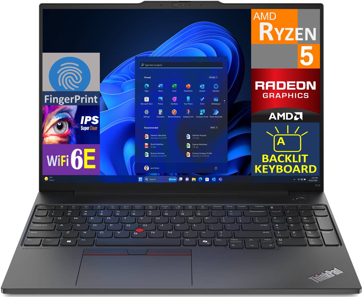 Sure, here is the corrected and grouped text from the image:
---
**FingerPrint**
**IPS Super Clear**
**WiFi 6E**
**AMD Ryzen 5**
**RADEON GRAPHICS**
**AMD**
**BACKLIT KEYBOARD**
**ThinkPad**
---
This text highlights the key features of the laptop as shown in the image.