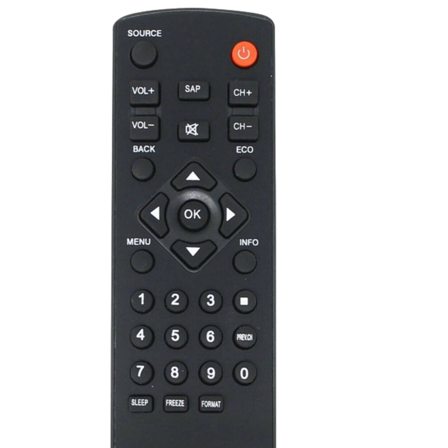 Sure, here is the corrected and grouped text from the image:

- **Top Row:**
  - SOURCE
  - VOL+
  - SAP
  - CH+
  - VOL-
  - CH-
  - ECO

- **Middle Row:**
  - BACK
  - OK
  - MENU
  - INFO

- **Number Pad:**
  - 1
  - 2
  - 3
  - 4
  - 5
  - 6
  - 7
  - 8
  - 9
  - 0

- **Bottom Row:**
  - SLEEP
  - FREEZE
  - FORMAT

- **Additional:**
  - PRECH
