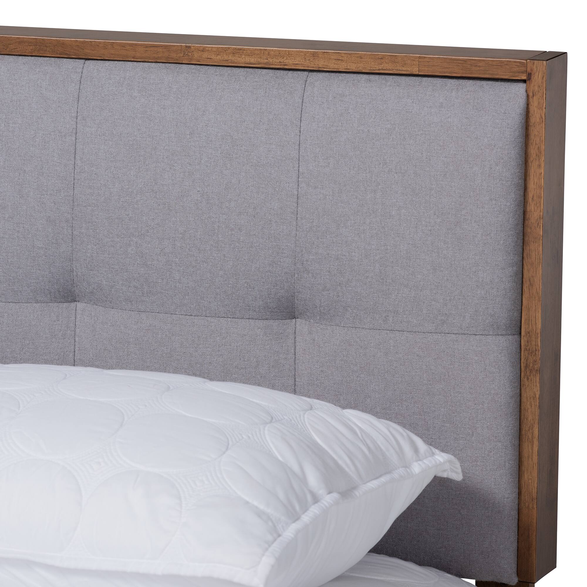 Back. Baxton Studio - Alke Mid-Century Modern Fabric Upholstered Walnut Brown Finished Wood Platform Bed - Light Grey/Walnut.