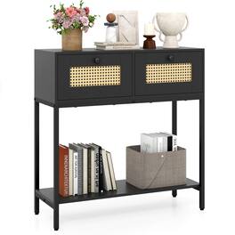 Costway - 32" Console Table with 2 Rattan Drawers, Open Storage Shelf, Heavy-duty Metal Frame - Black