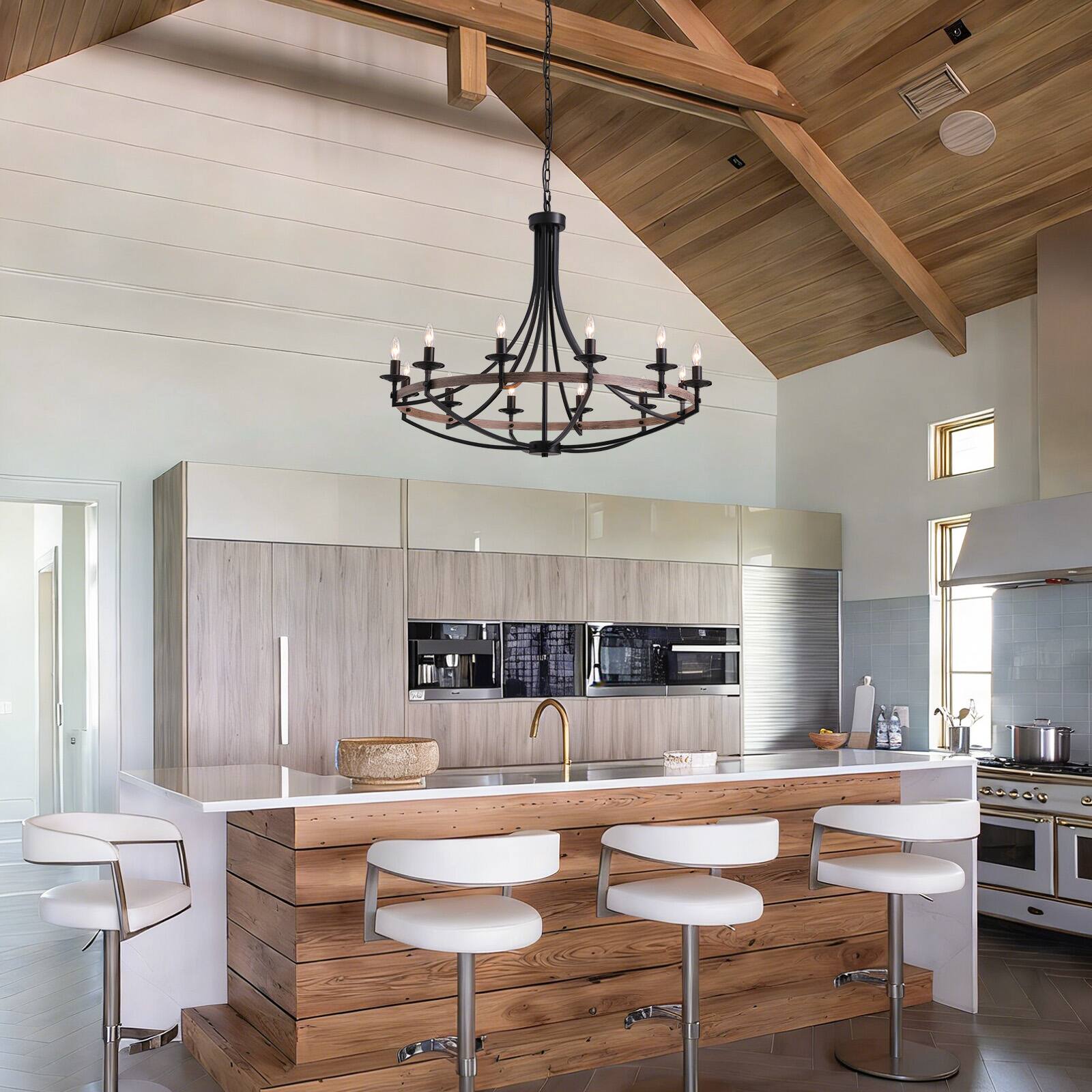 Alt View 1. Siljoy - 41 Inch Farmhouse Matte Black 12 Light Candle Chandelier Adjustable Wrought Iron for Dining Room Kitchen Island Entryway - Brown.