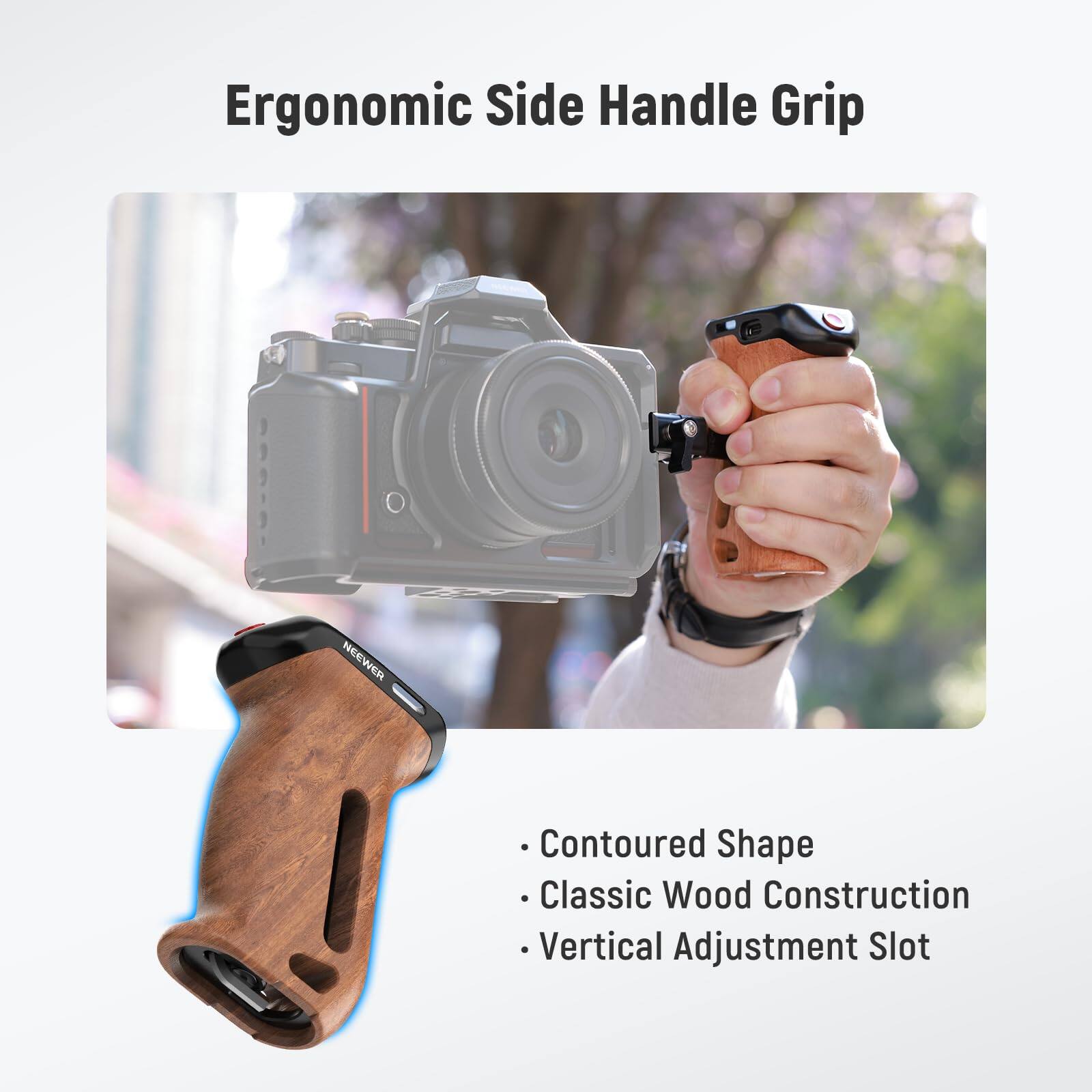 Ergonomic Side Handle Grip

- Contoured Shape
- Classic Wood Construction
- Vertical Adjustment Slot