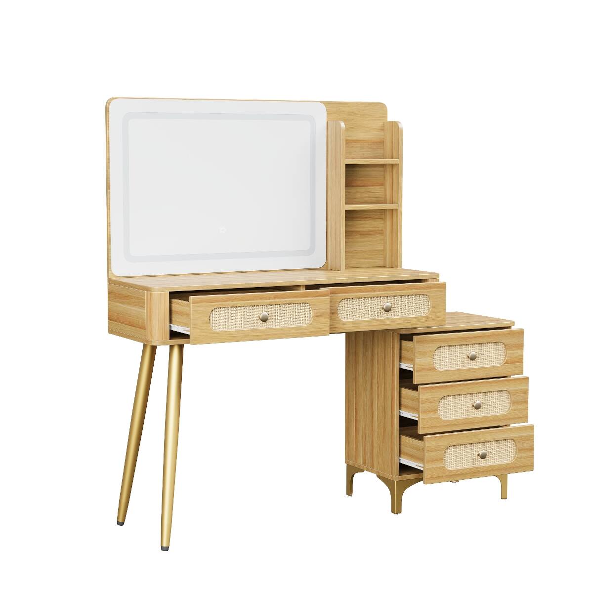 Alt View 4. Loheer - Loheer Makeup Vanity Desk with Mirror and Lights, Vintage Rattan Drawers, Natural Wood - Natural.