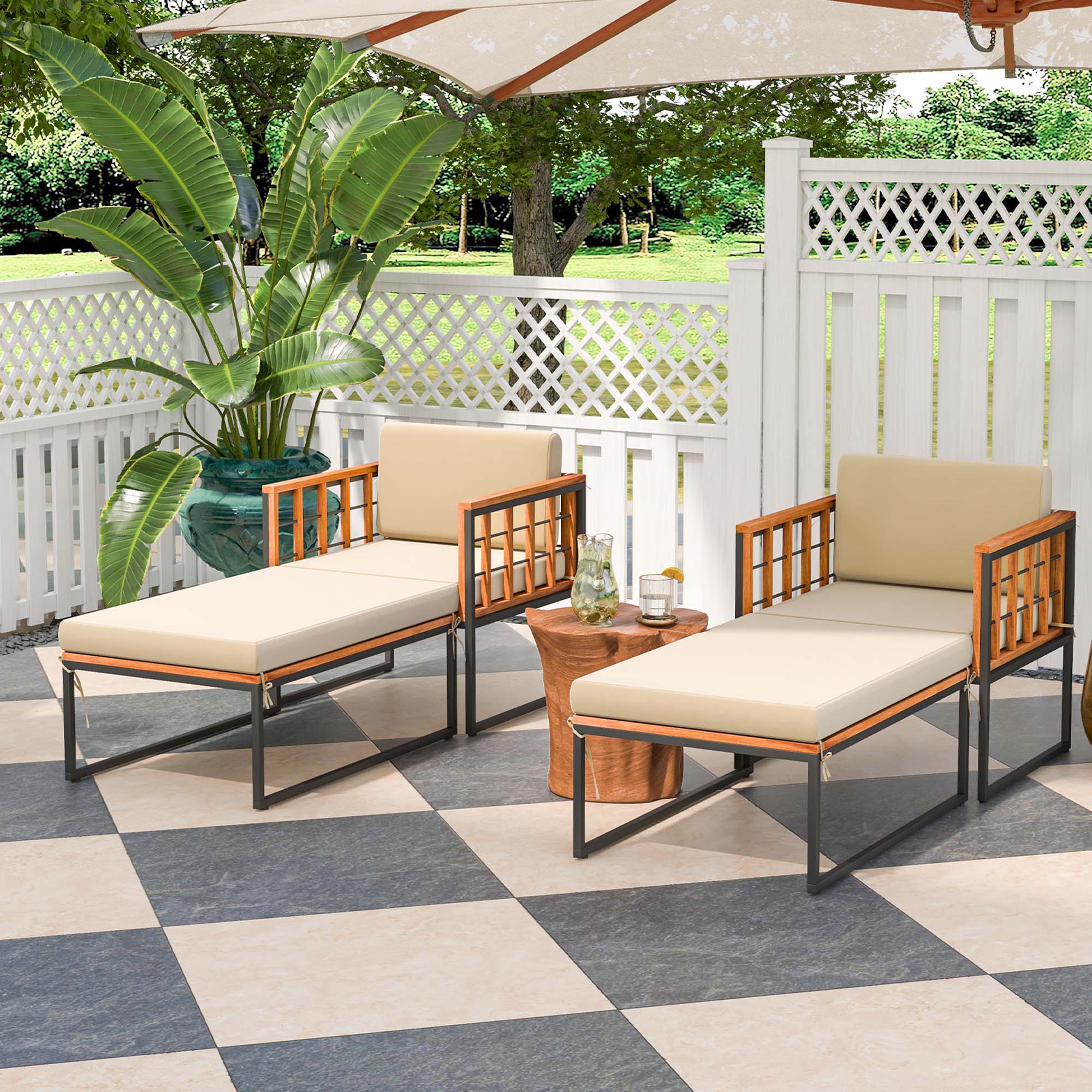 Angle. Costway - 2 PCS Outdoor Furniture Set Patio Acacia Wood Armchair with Long Ottoman Cozy Seat - Beige.
