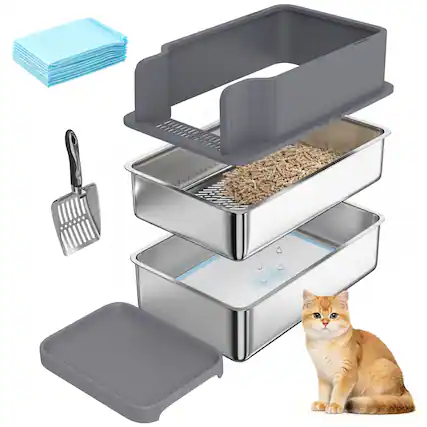 Front. Pawhut - Steel Sifting Litter Box for Pine Pellets, Large Metal Litter Box with Sifter Tray, Metal Scoop - Dark Gray.