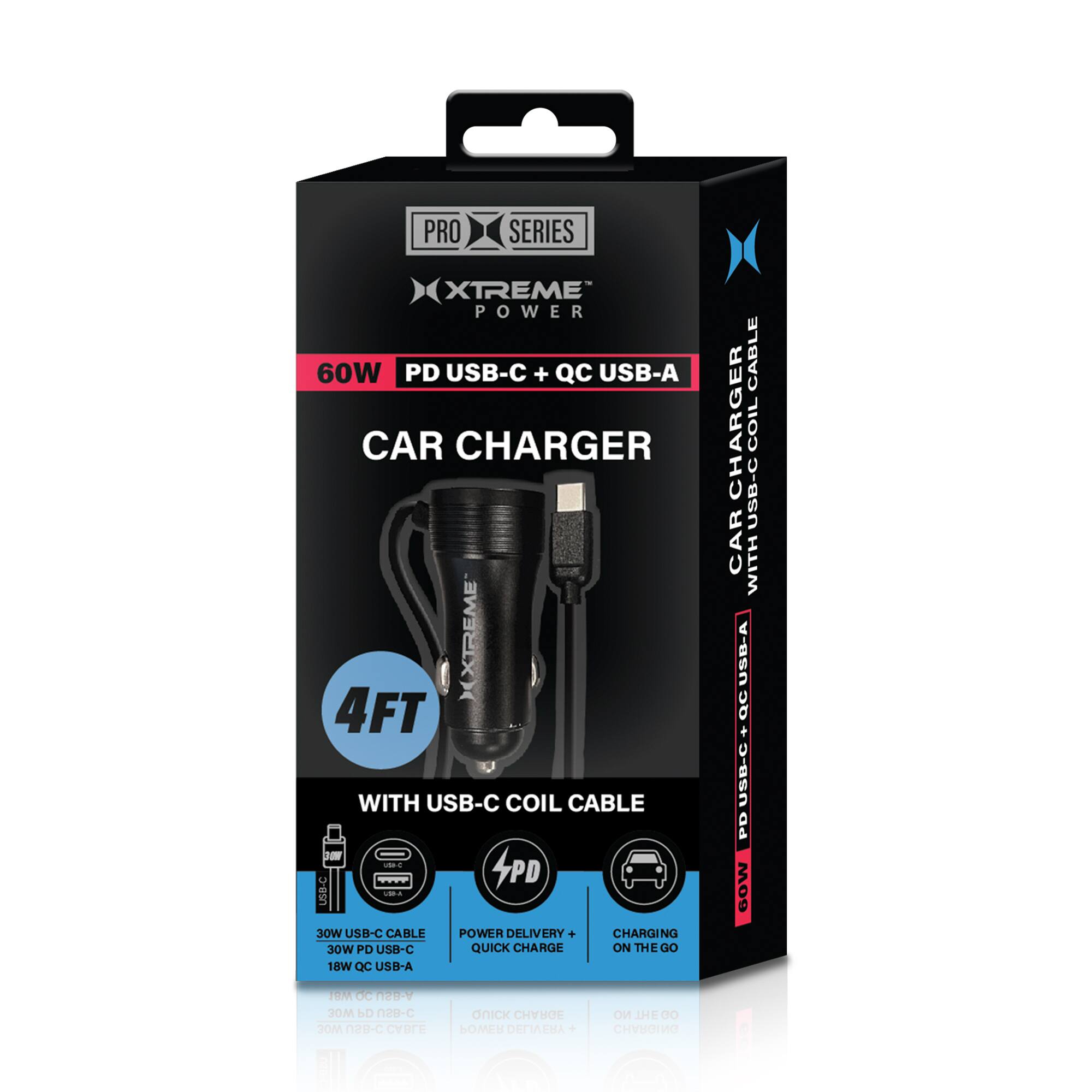 PRO SERIES XTREME POWER 60W PD USB-C + QC USB-A CAR CHARGER XTREME 4FT WITH USB-C COIL CABLE - 4PD USB-C 30W USB-C CABLE POWER DELIVERY CHARGING ON THE GO 18W QC USB-A CABLE CHARGER COIL USB-C CAR