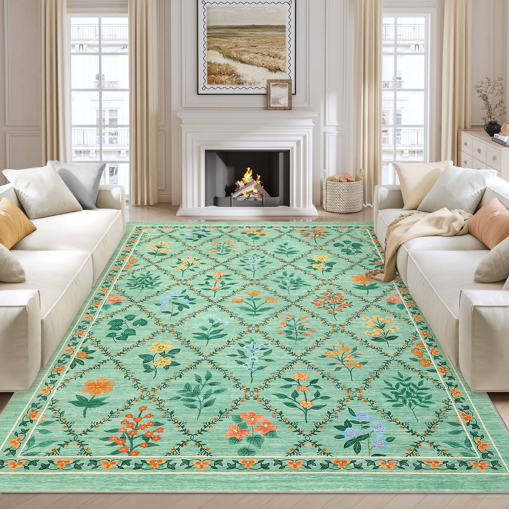 Angle. Jojoka - Geometric Pastoral Flower Pattern Washable Area Rug Modern Botanical Design with Non Slip Backing Rug for Home Decor - Green.