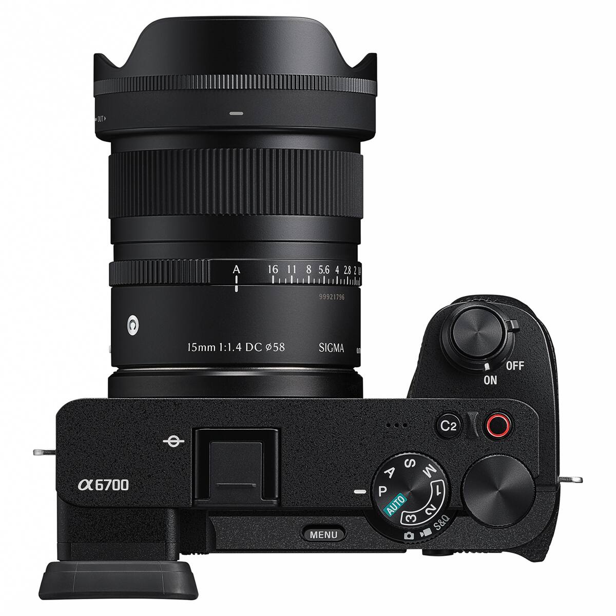 A I I  
16 11 8 5.6 4 2.8 2  
15mm 1:1.4 DC Ø58  
SIGMA  
OFF ON  
C2  
α6700  
MENU  
-  
S M A P 1 AUTO 3 2 S&Q O