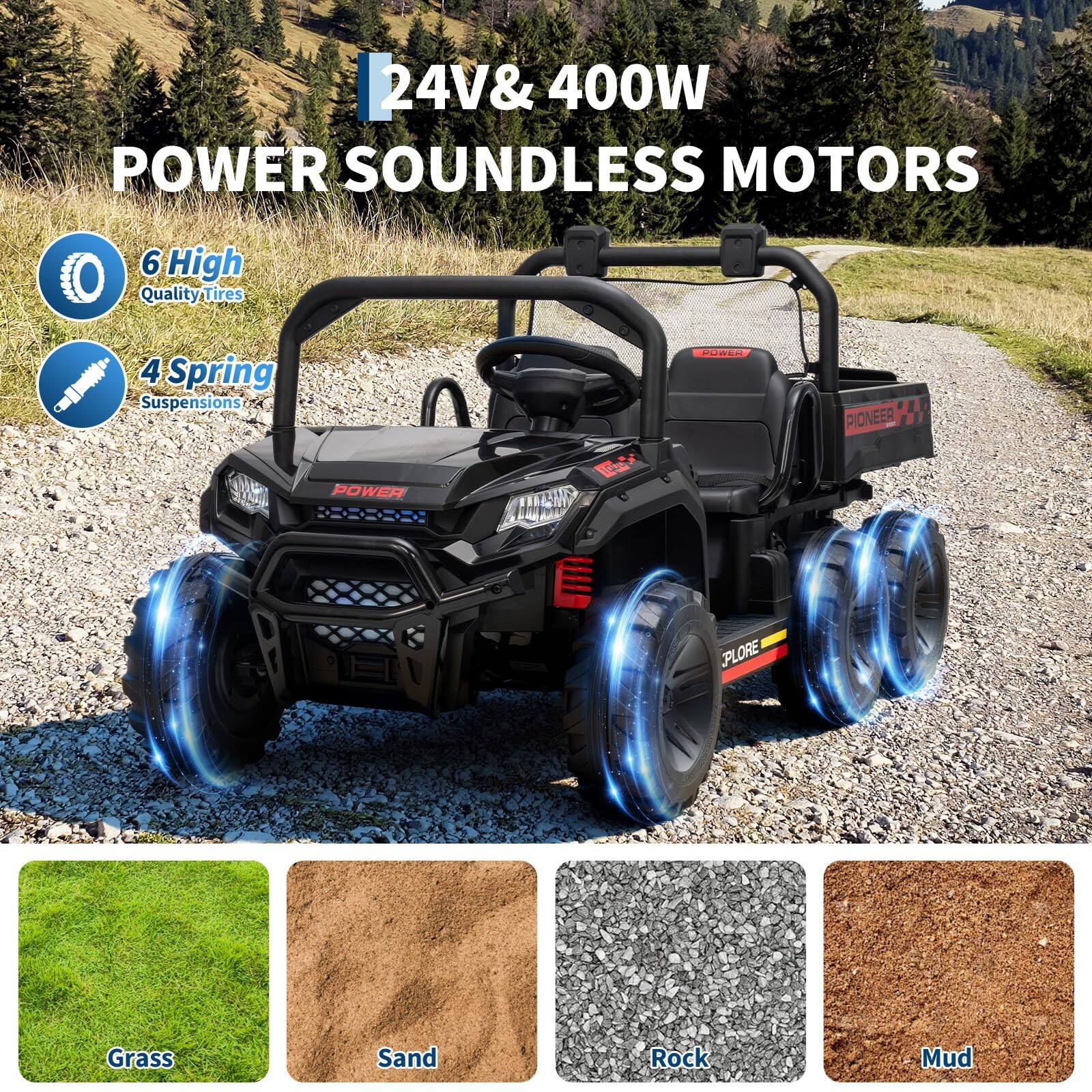 24V & 400W POWER SOUNDLESS MOTORS

6 High Quality Tires

4 Spring Suspensions

Grass Sand Rock Mud