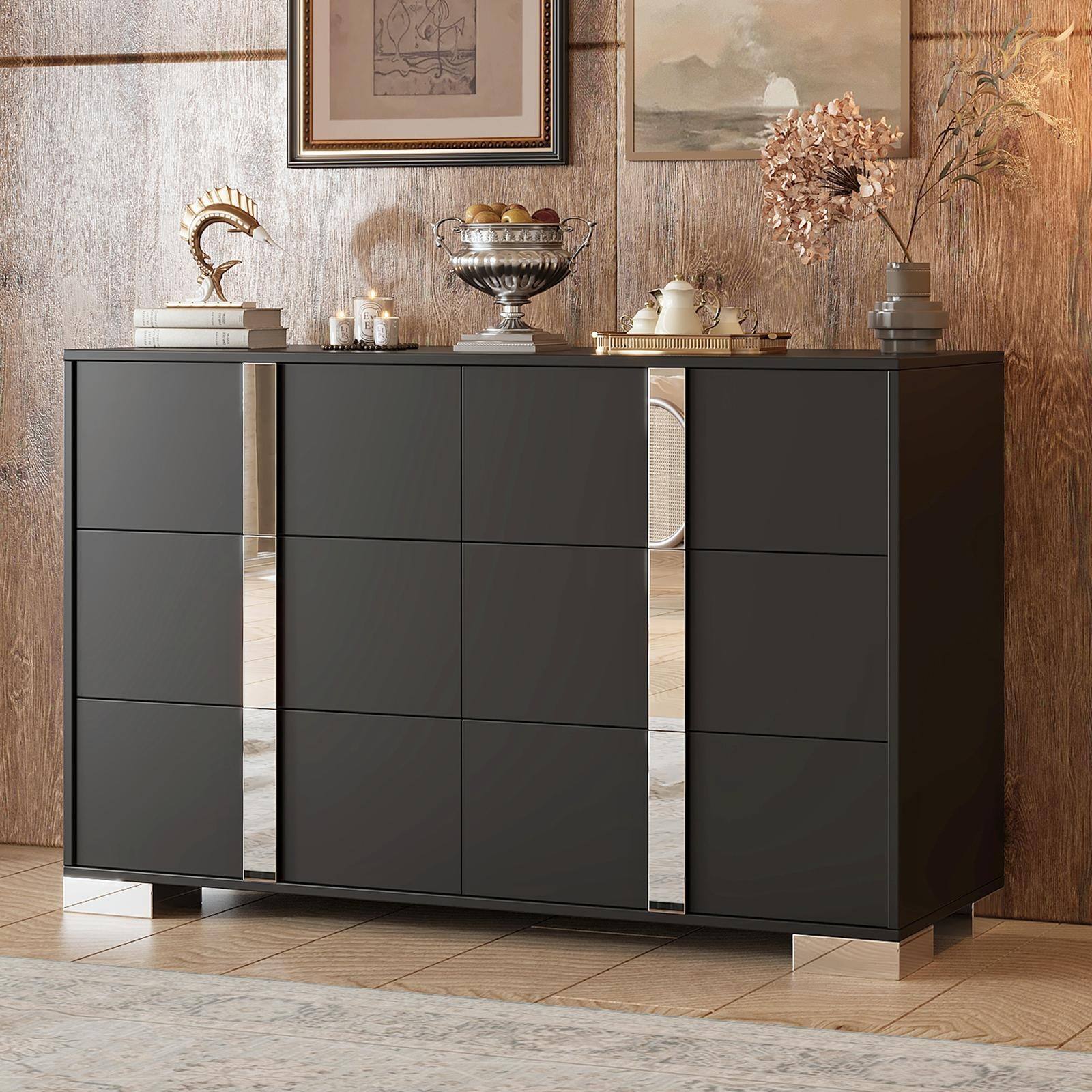 Angle. Spaco - Spaco Mirrored Storage Cabinet Dresser with 6 Drawers for Bedroom,Elegant Modern Dresser with Metal Foot,Living Room - Black.