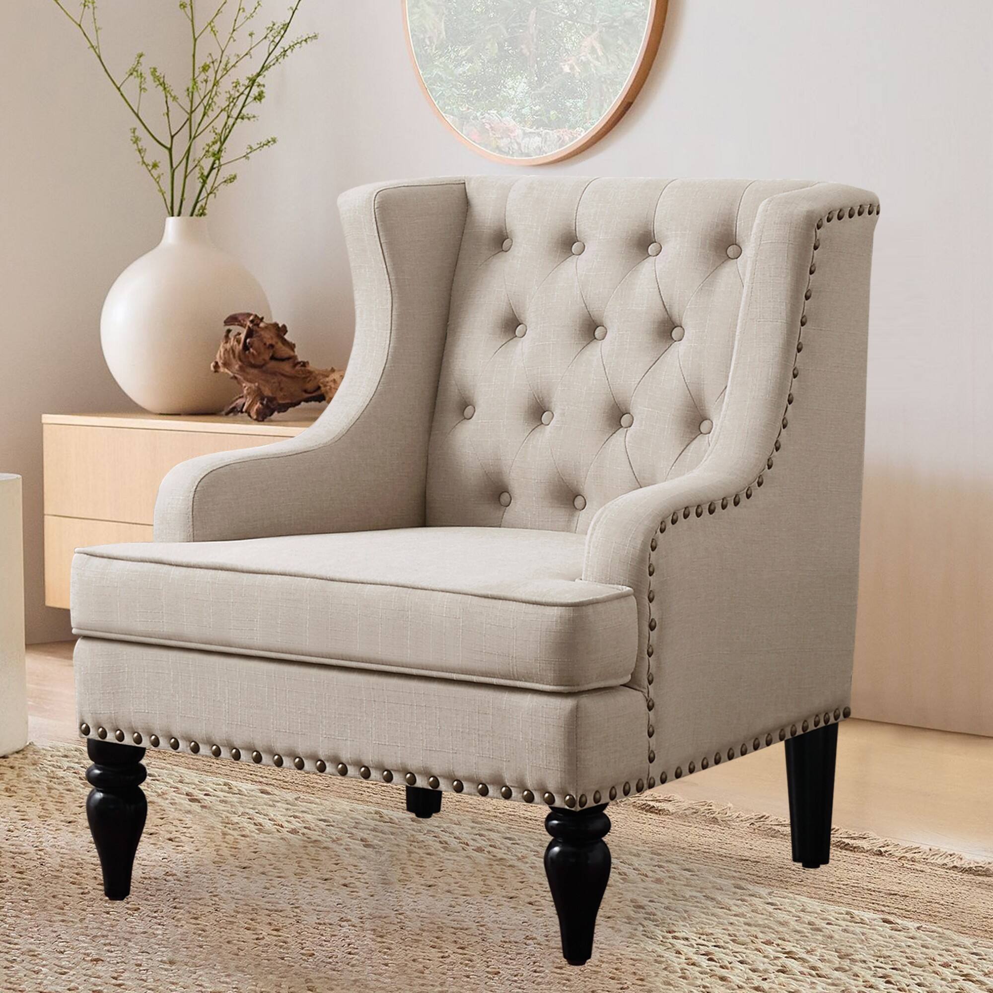 Alt View 3. Boyel Living - Linen Button Tufted Accent Chair with Nailhead Trim and Solid Wood Legs - Beige.