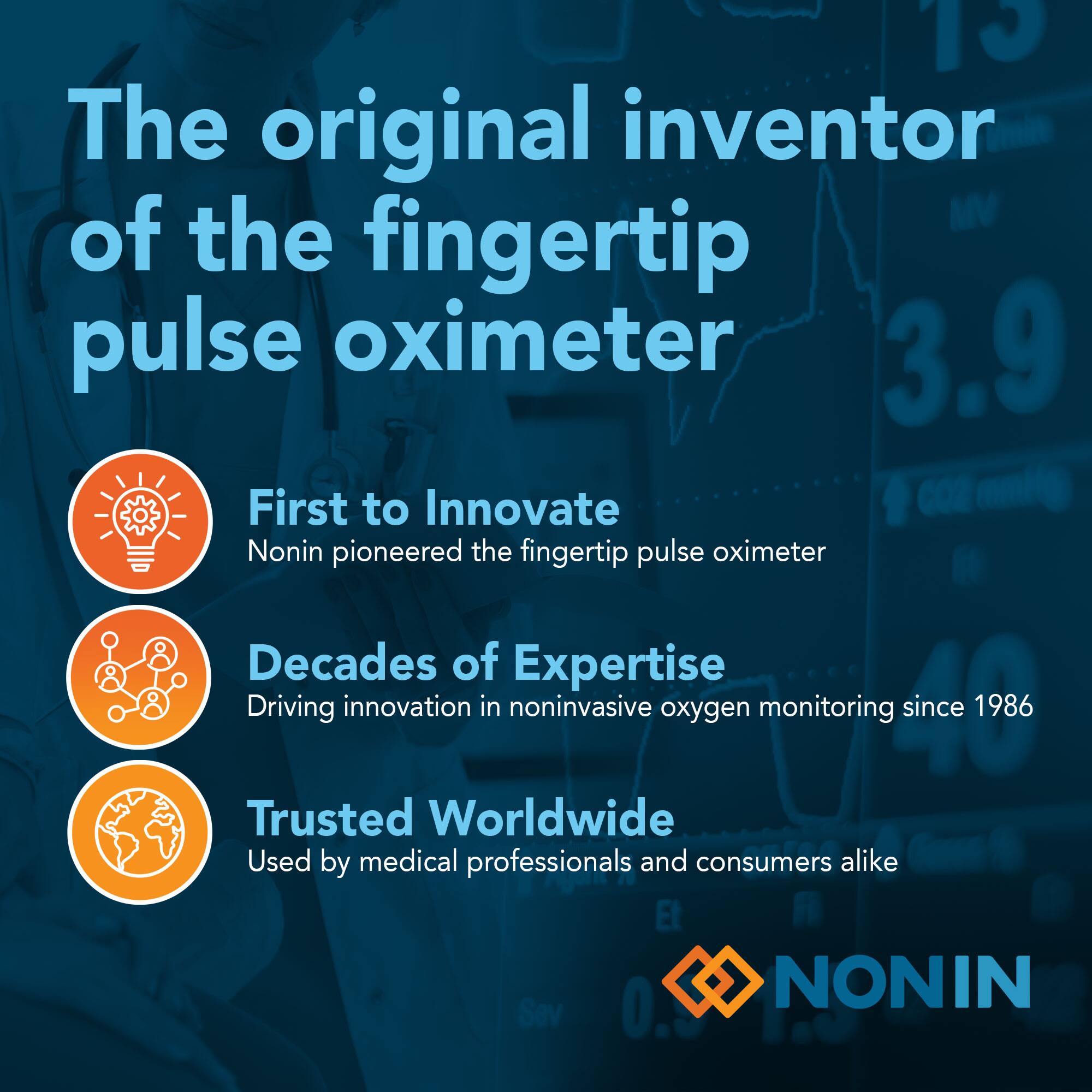 The original inventor of the fingertip pulse oximeter

- First to Innovate  
  Nonin pioneered the fingertip pulse oximeter

- Decades of Expertise  
  Driving innovation in noninvasive oxygen monitoring since 1986

- Trusted Worldwide  
  Used by medical professionals and consumers alike

NONIN
