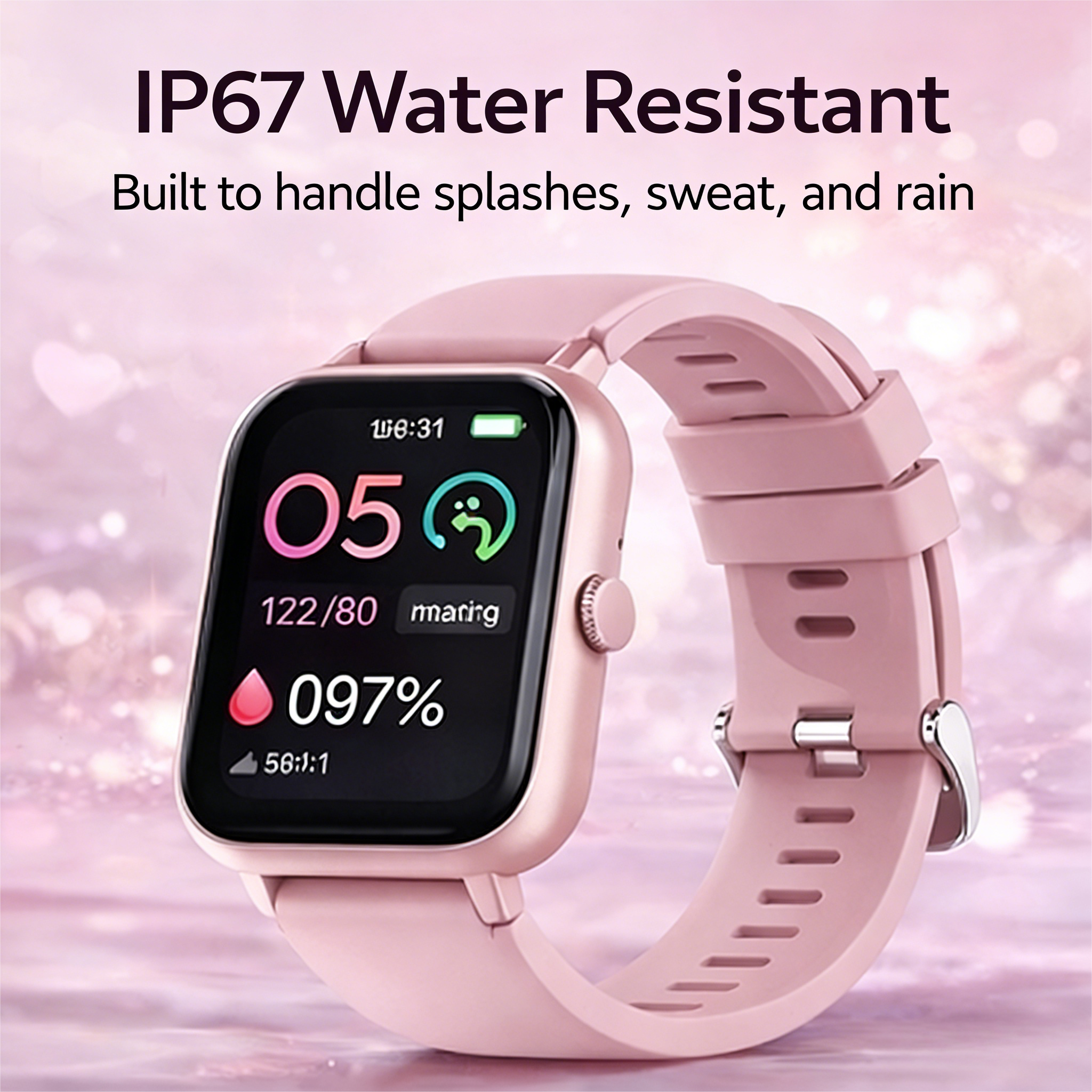 IP67 Water Resistant  
Built to handle splashes, sweat, and rain  

We:31  
05  
122/80  
maring  
097%  
56:1:1