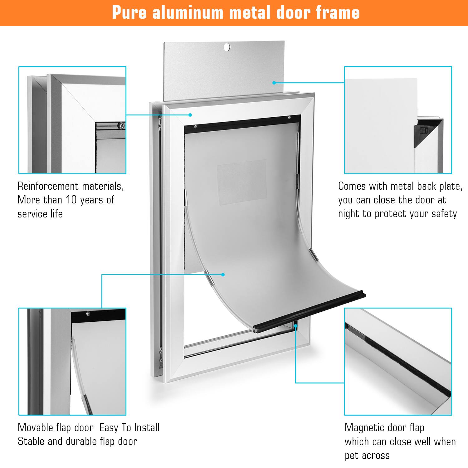 Pure aluminum metal door frame

- Reinforcement materials, More than 10 years of service life
- Comes with metal back plate, you can close the door at night to protect your safety
- Movable flap door Easy To Install Stable and durable flap door
- Magnetic door flap which can close well when pet across